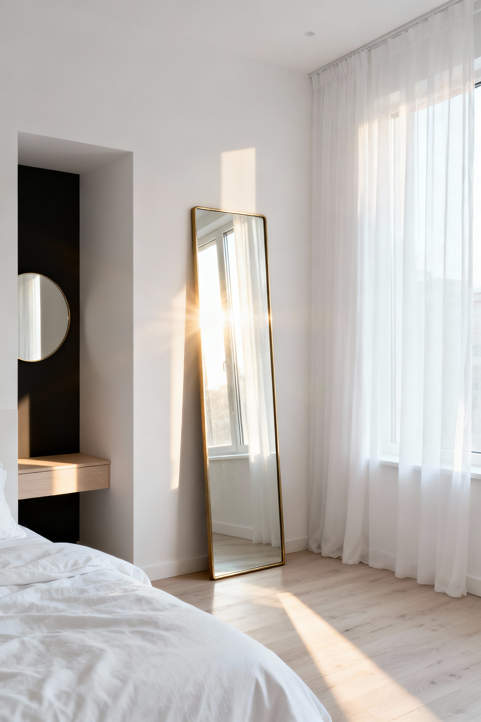 A bright, white minimalist bedroom featuring a full-length mirror strategically placed opposite a window with sheer curtains, effectively reflecting and maximizing natural sunlight deep into the room's interior.