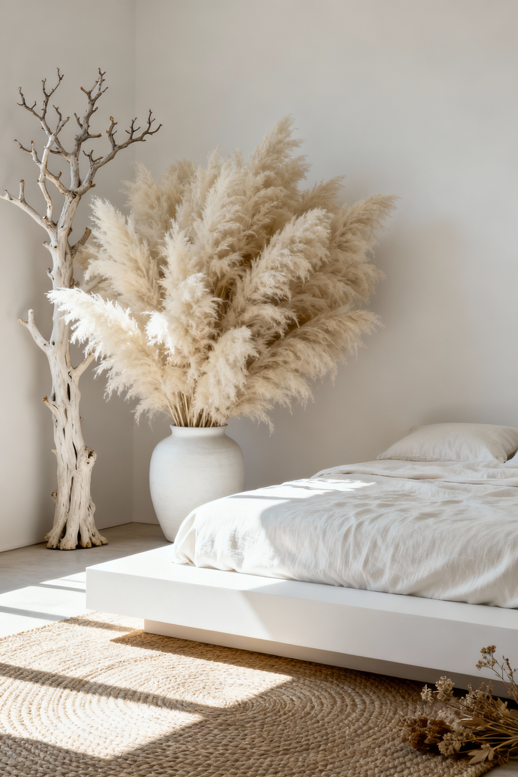 Detailed view of a minimalist white bedroom softened by a large arrangement of dried pampas grass and sculptural branches in a floor vase, providing permanent texture and organic focal points.