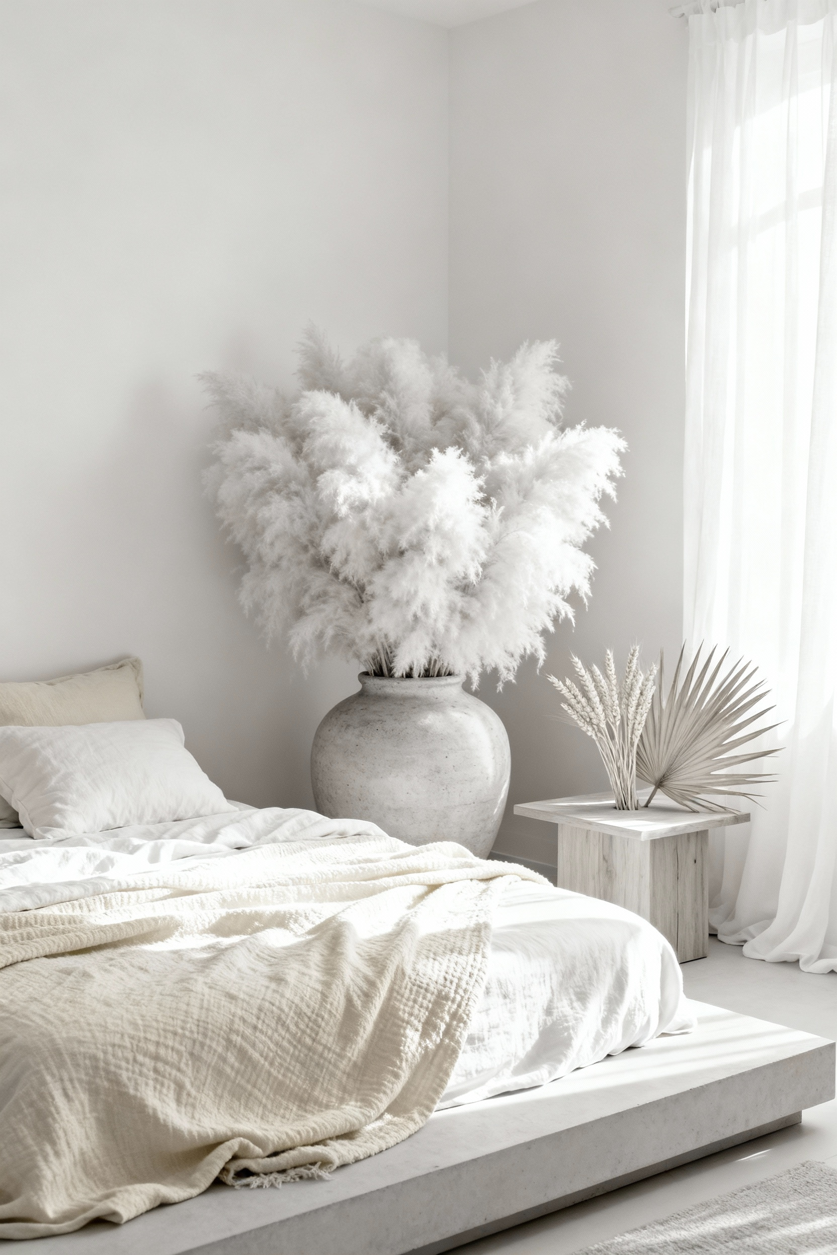 Monochromatic white bedroom showing tone-on-tone biophilic design with fluffy dried pampas grass, bleached palm fronds, and layered white linen bedding creating textural depth.