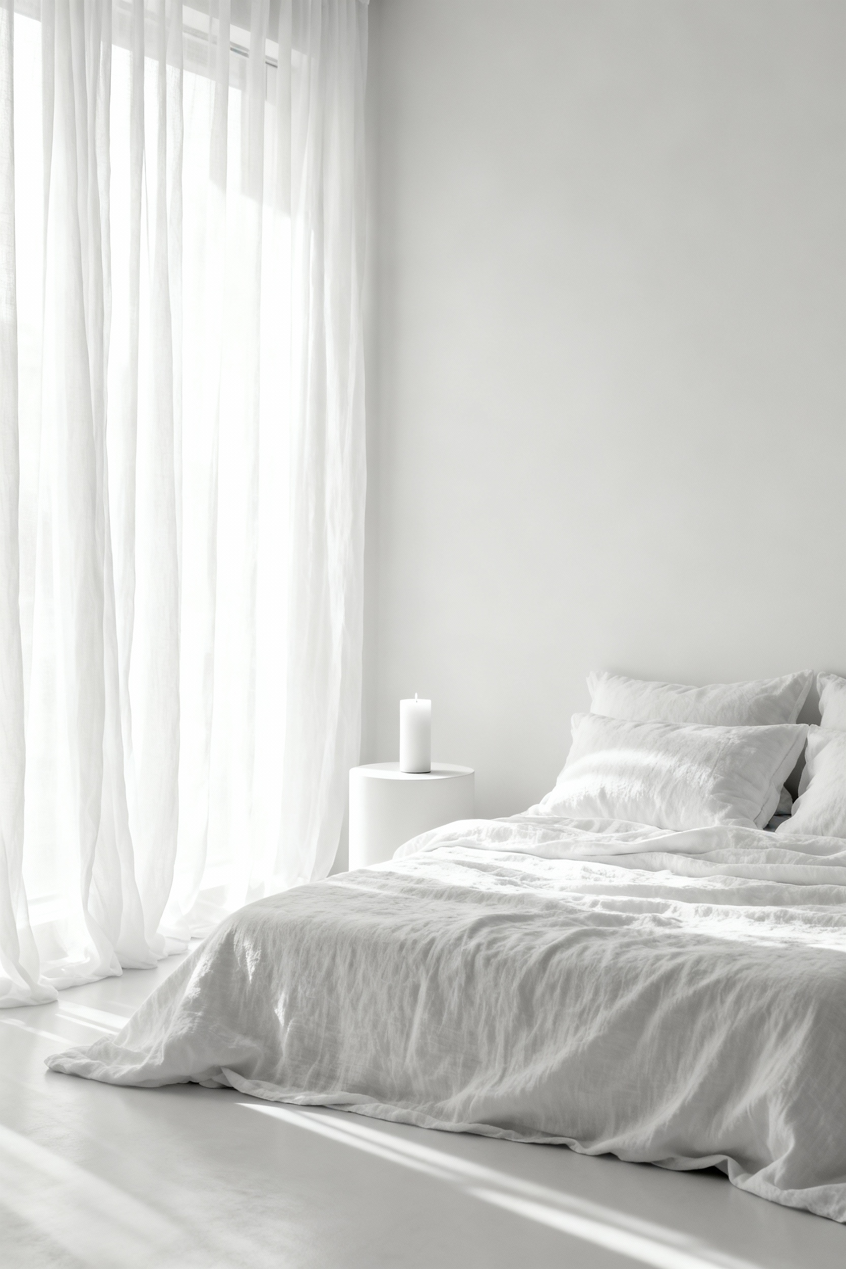 A minimalist white bedroom where soft morning light is diffused by sheer white curtains hanging over a large window, creating a low-contrast, restful environment.