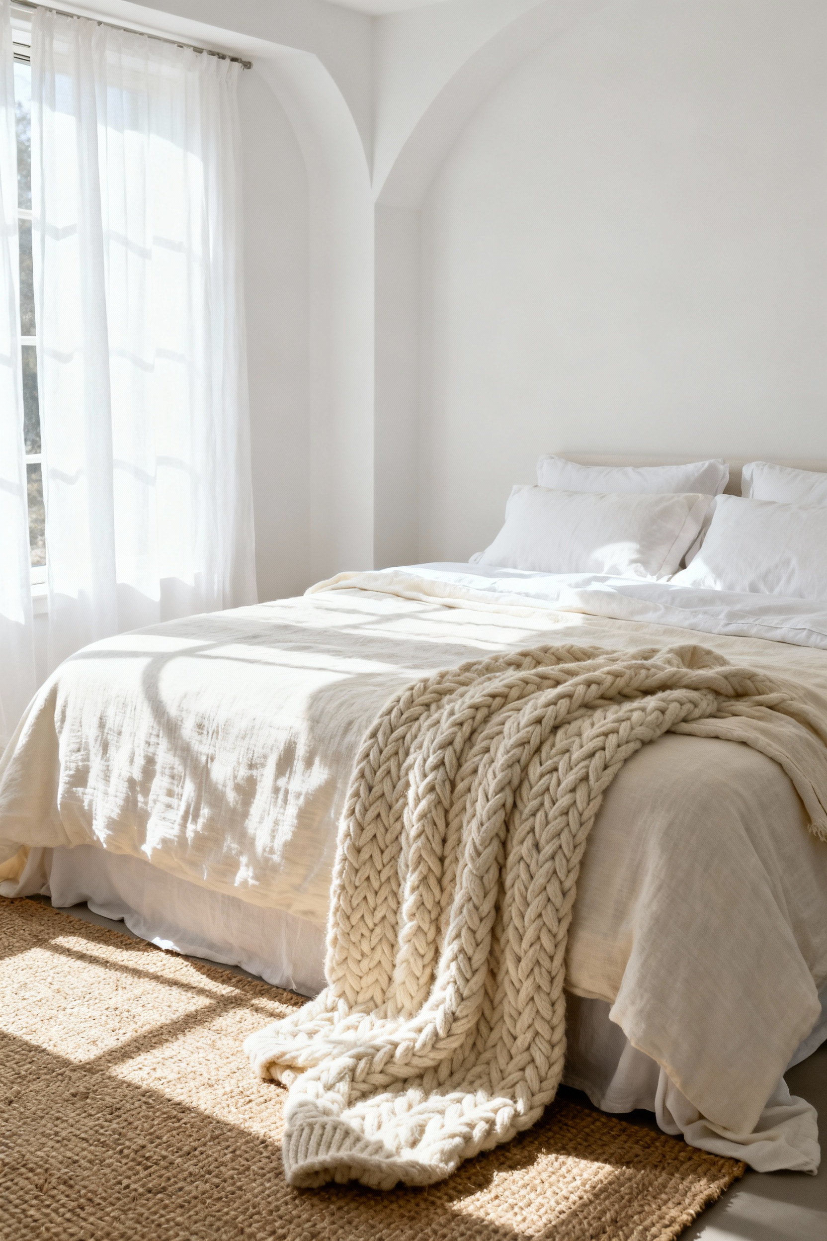 Luxurious master bedroom featuring layered white and cream bedding with varying textures to create depth and warmth in a monochromatic design.