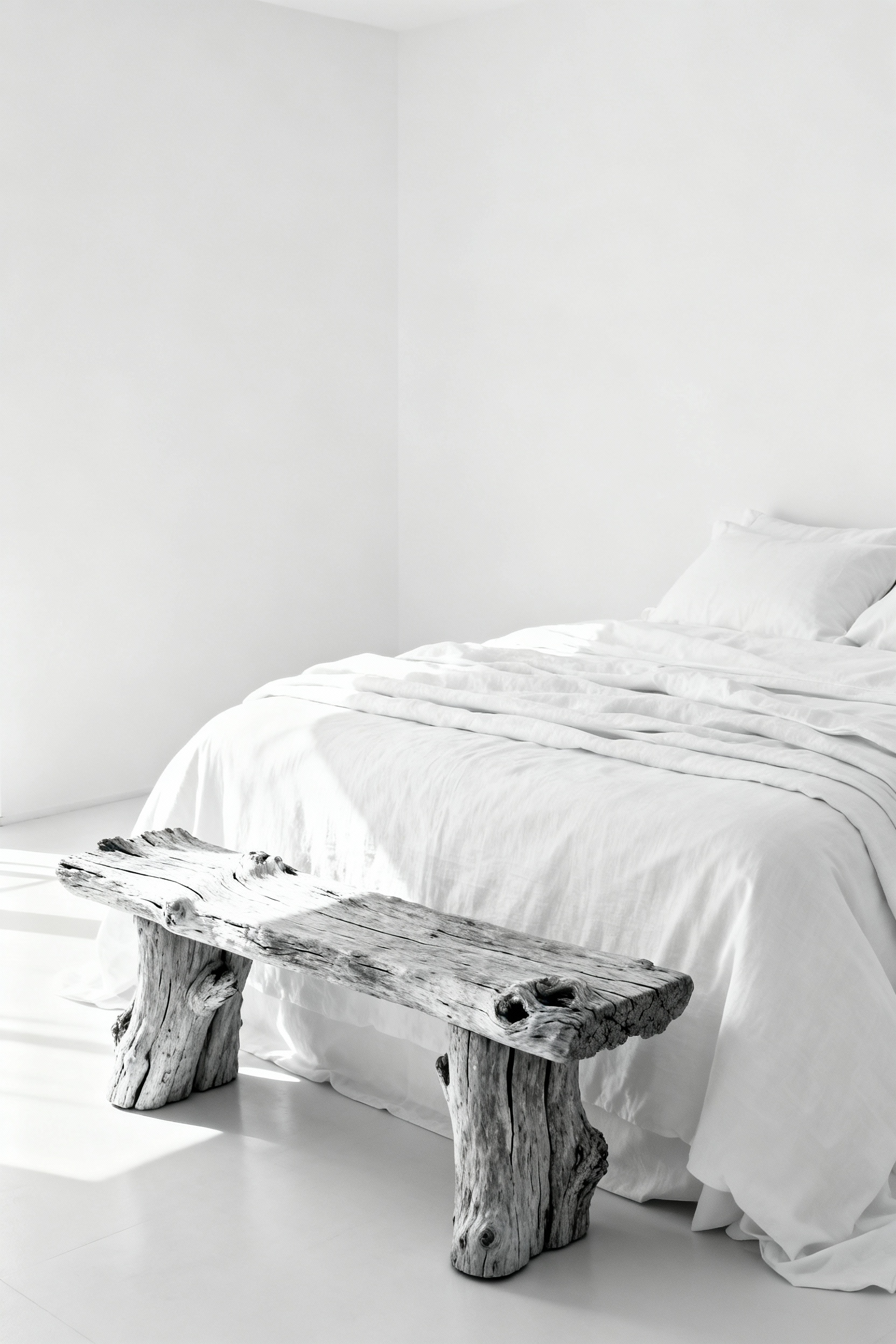 A pristine white bedroom featuring a large bed with crisp linens and a substantial sun-bleached driftwood bench placed at the foot, providing a strong textural contrast and visual anchor.