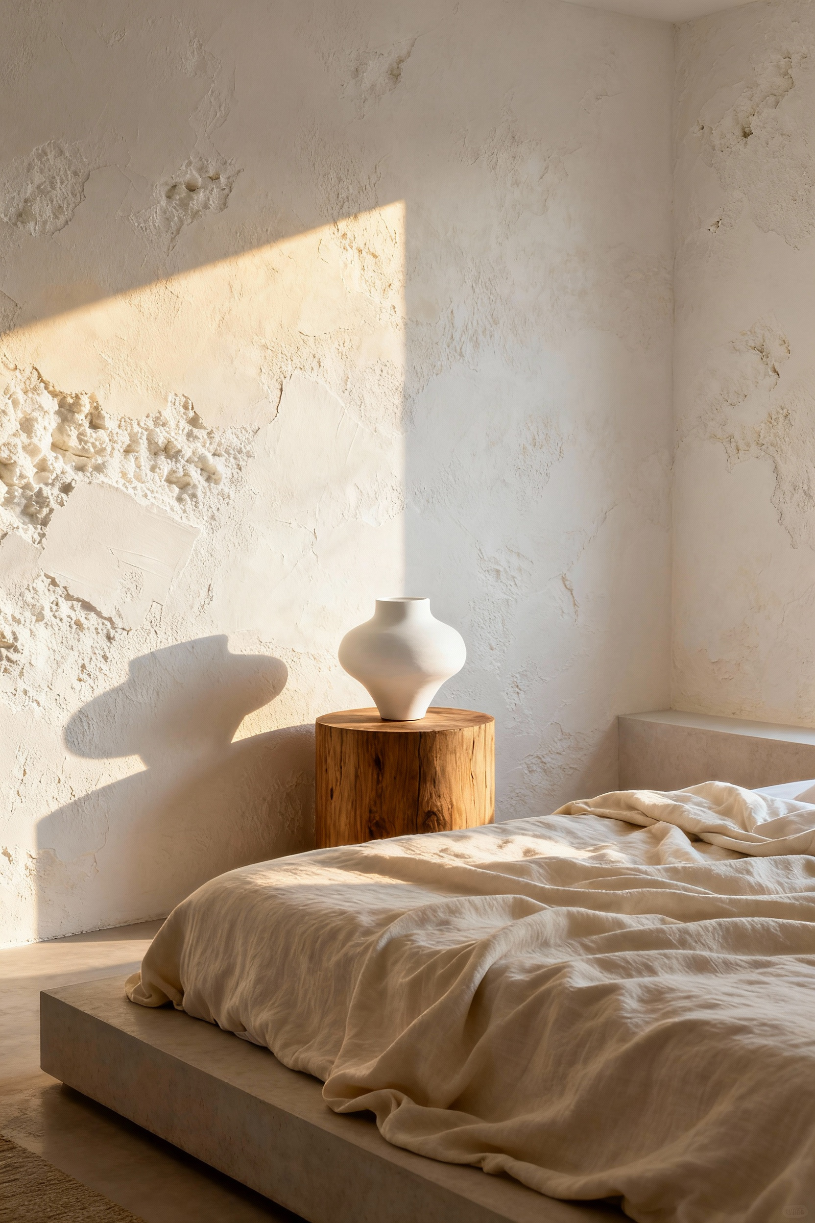 A bright, minimalist white bedroom showcasing walls finished in textured limewash paint, with raking sunlight emphasizing the depth and subtle tonal variations of the mineral finish.