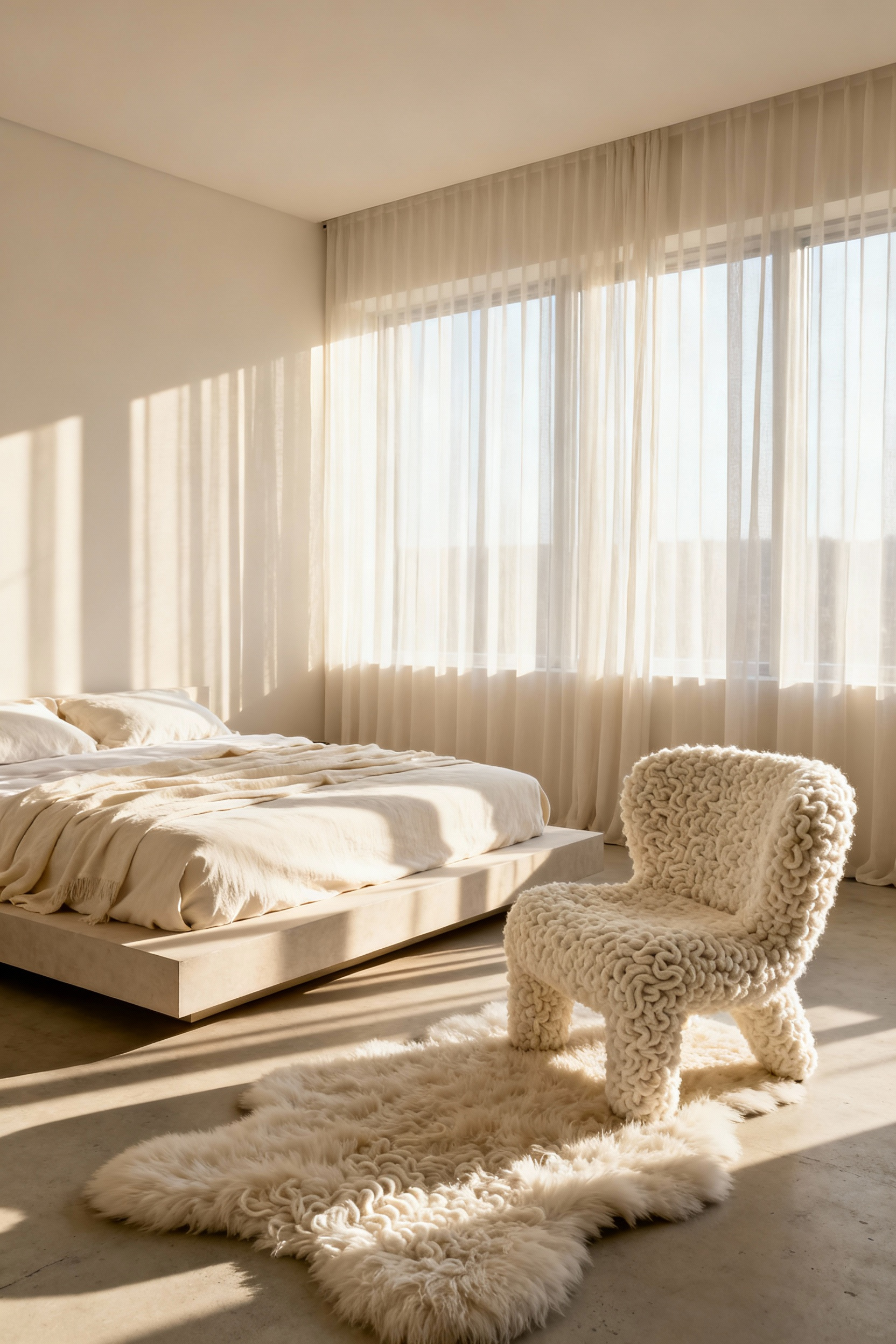 A luxurious modern bedroom featuring an ivory bouclé accent chair and a thick cream shearling area rug on a pale concrete floor. Warm, directional sunlight streams into the full scene, highlighting the subtle shadows created by the nubby, architectural textures against the clean neutral walls.