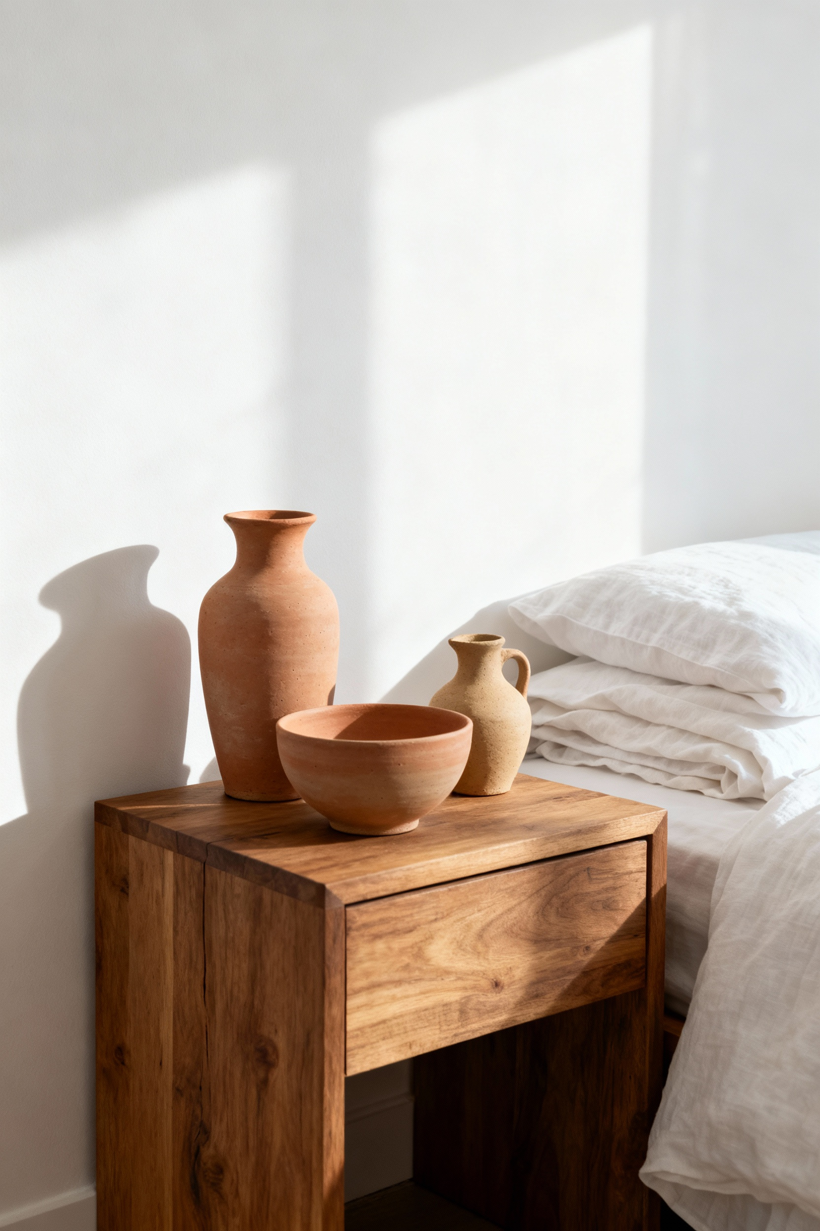 Unglazed, bisque-toned matte ceramic vessels displayed on a raw oak nightstand in a minimalist white bedroom, highlighting how the porous texture absorbs light and creates deep, sophisticated shadows.