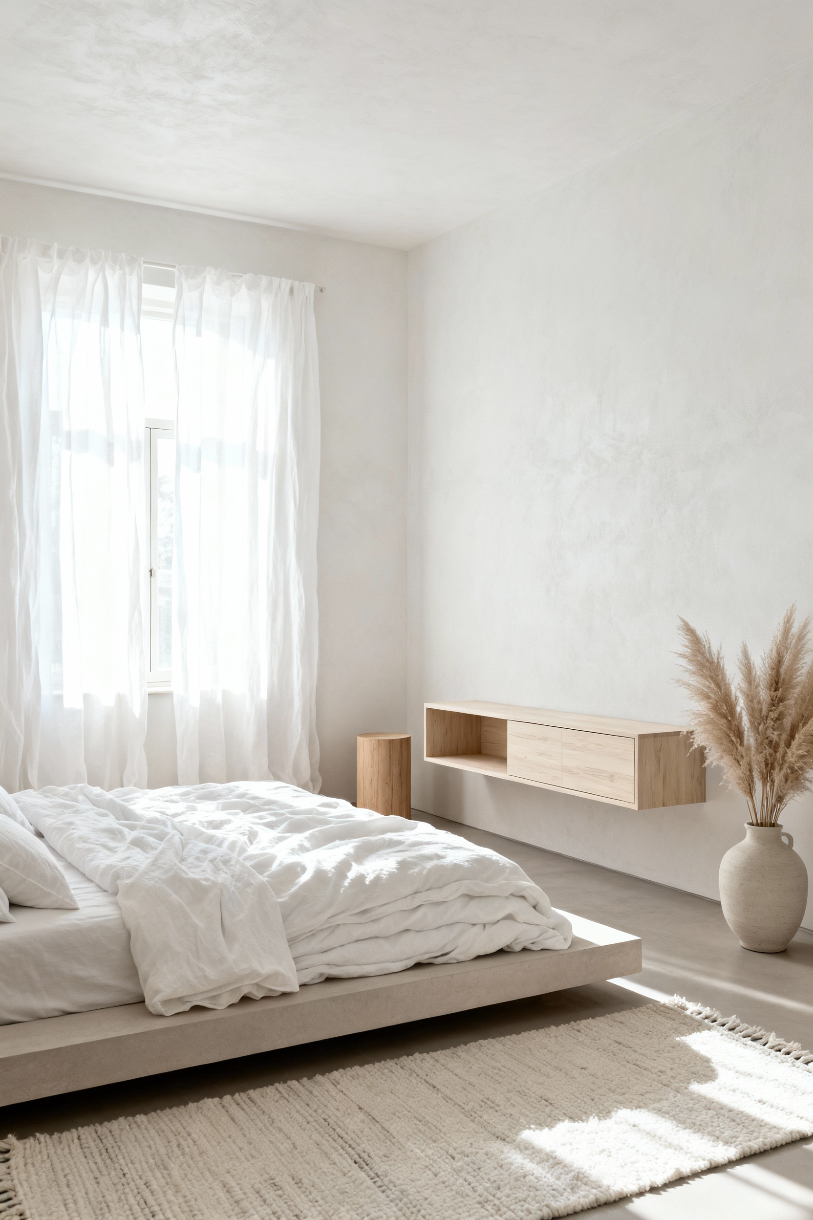 Serene white bedroom featuring minimalist decor and pale wood furniture, including a large white oak dresser and smooth ash side table, demonstrating textural contrast.
