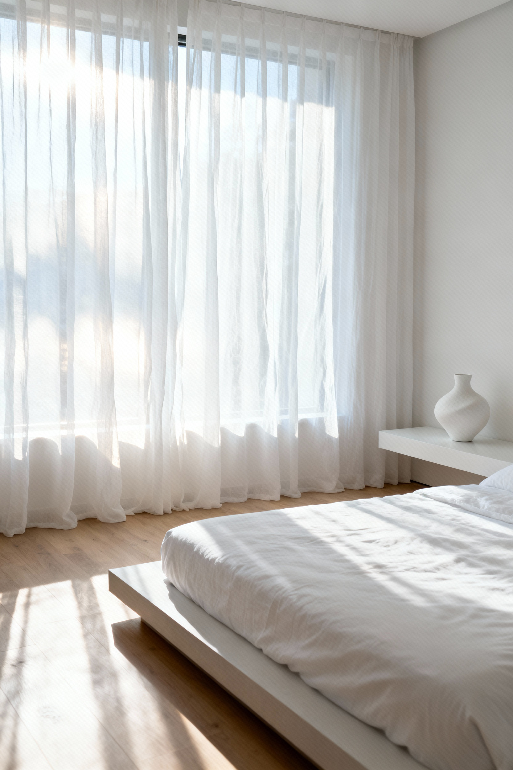 Full view of a serene white bedroom where sheer floor-to-ceiling linen gauze drapes are filtering harsh midday sunlight, creating a soft, diffused glow and adding subtle texture to the minimalist space.