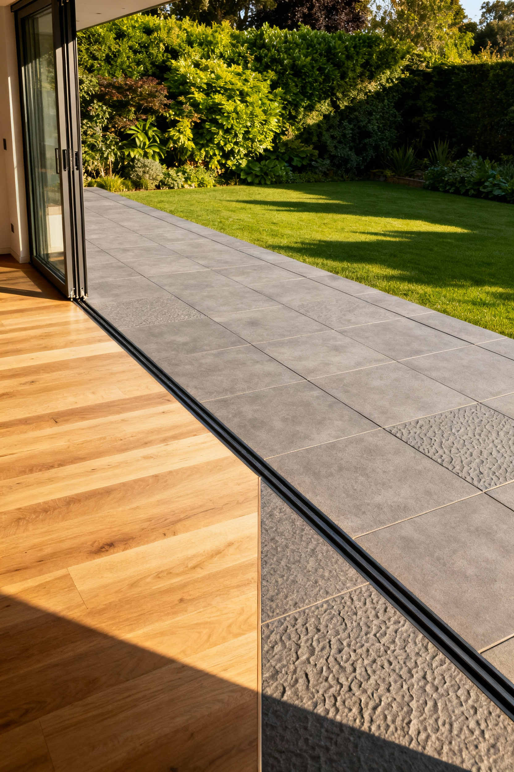 A photograph showing a seamless zero-threshold transition where fully retracted glass doors merge a modern living room's wood floor with an exterior patio's stone surface and lush garden.