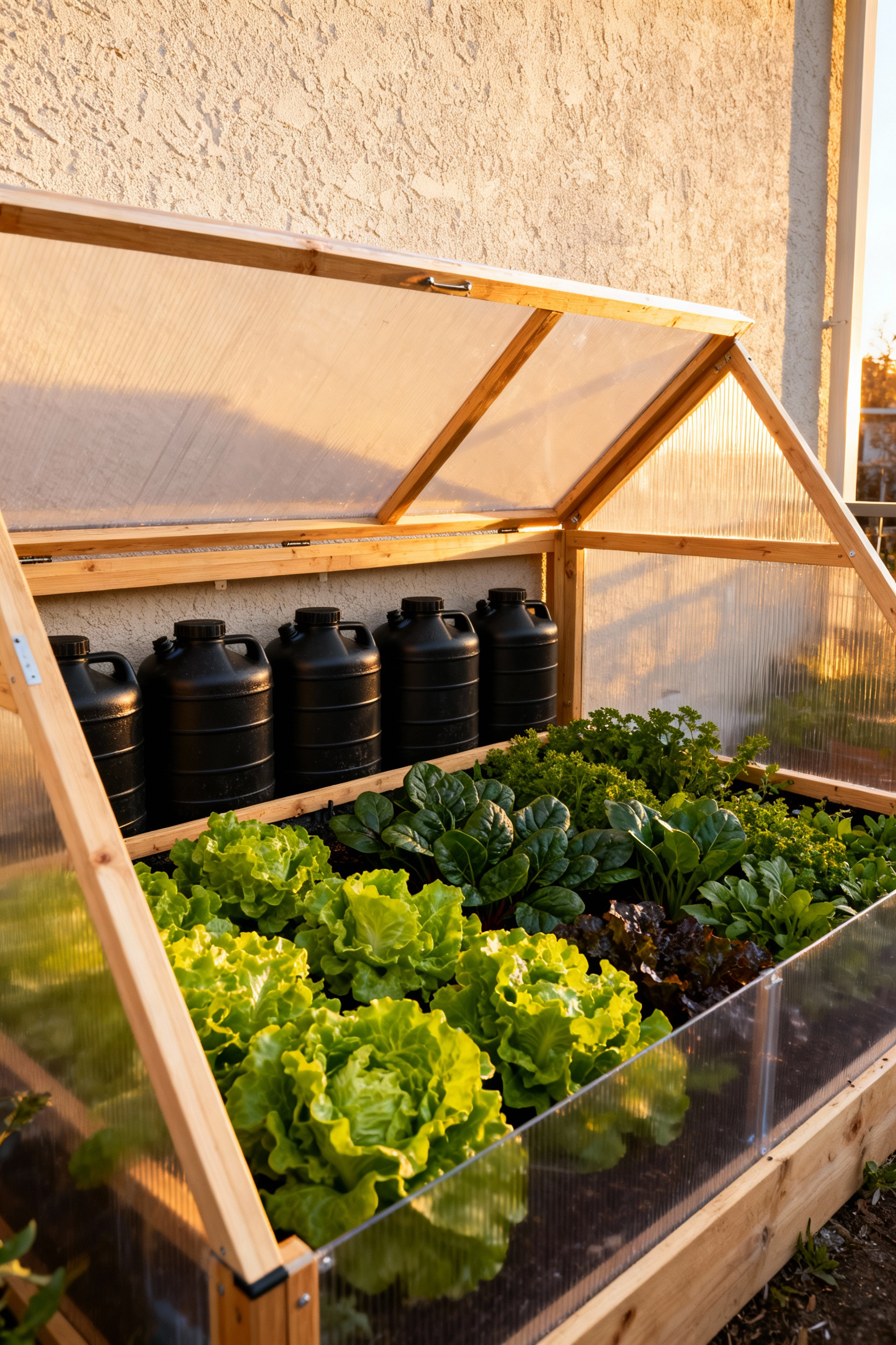A wooden cold frame rests against the stucco exterior wall of an apartment balcony. Inside the frame, thriving winter greens are growing next to black-painted water jugs used for thermal mass and heat retention from the adjacent building wall.