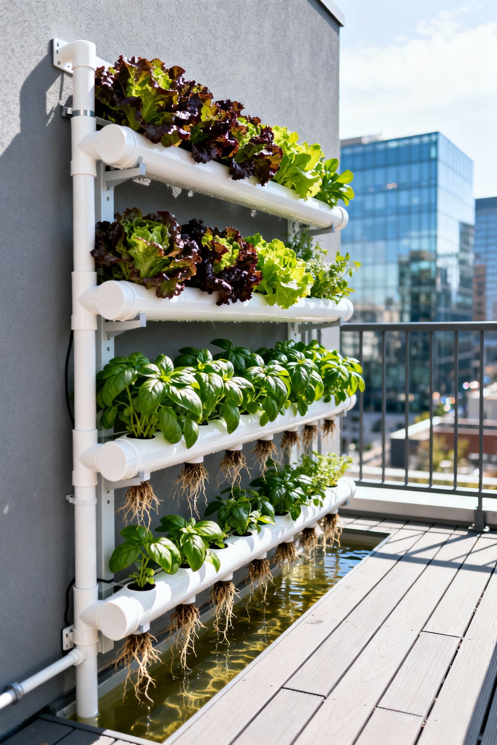 A modern small-scale hydroponic rail system growing leafy greens on an urban balcony utilizing the Nutrient Film Technique (NFT).