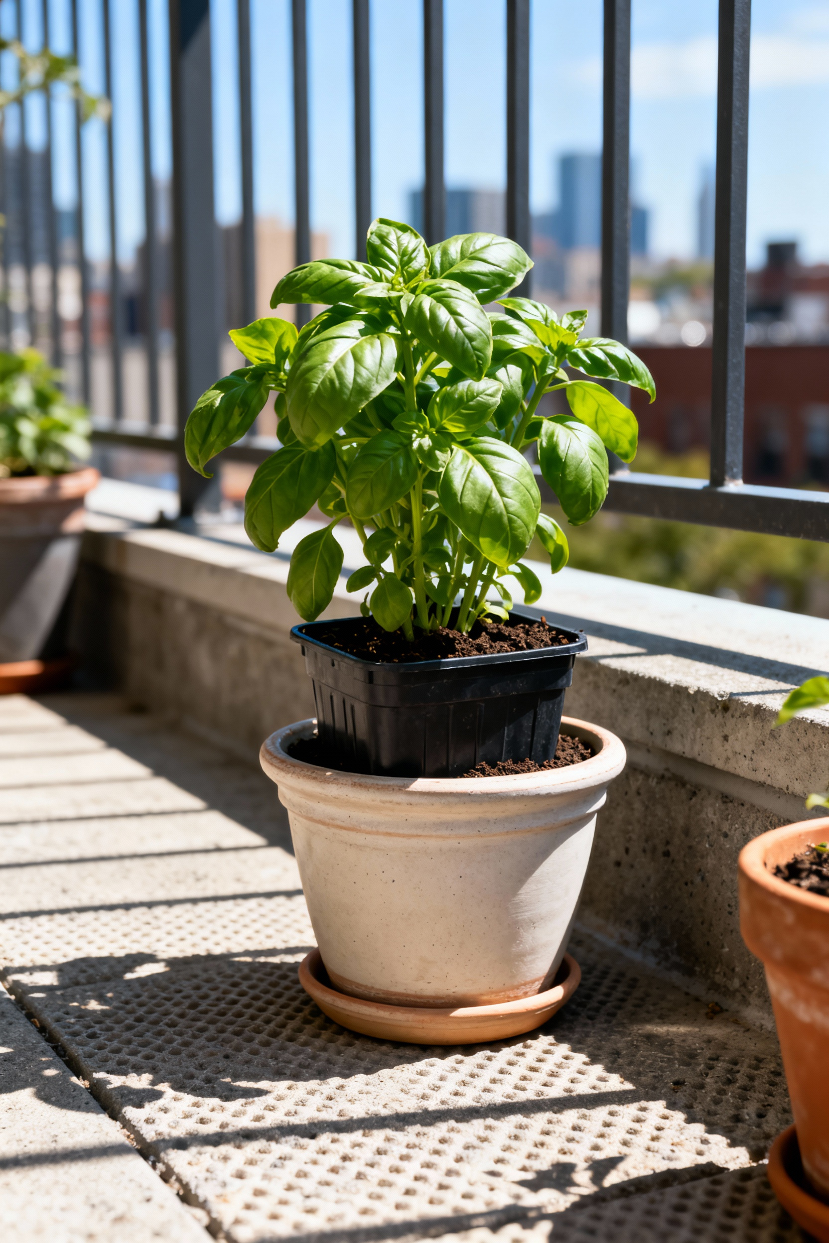 A bright, sun-drenched balcony garden showing the pot-in-pot insulation technique where a dark plastic inner pot is placed inside a larger, light ceramic container to shield plant roots from extreme temperature fluctuations.