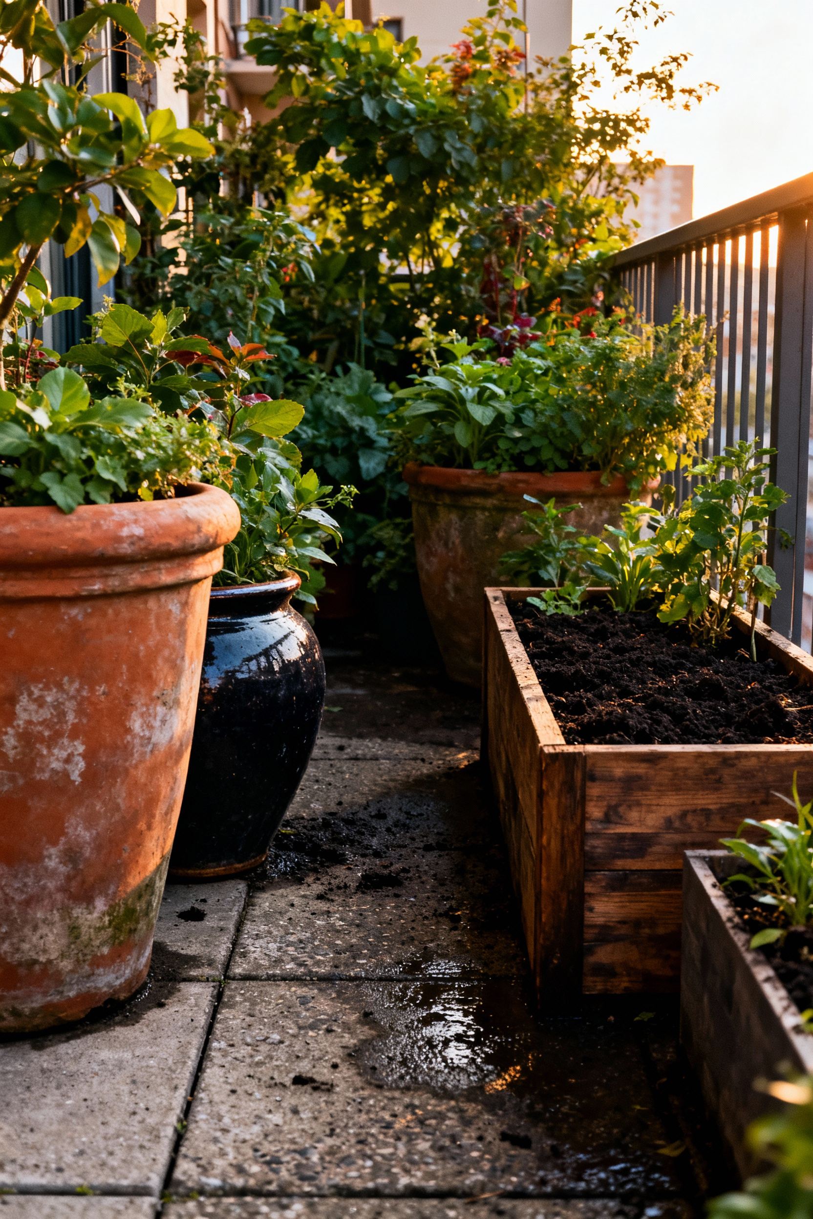 A dense urban balcony garden showing many large, heavy terracotta and wooden planters filled with dark, saturated soil, illustrating the significant structural load placed on the balcony.