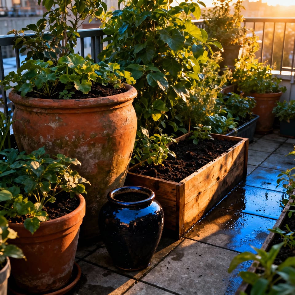 A dense urban balcony garden showing many large, heavy terracotta and wooden planters filled with dark, saturated soil, illustrating the significant structural load placed on the balcony.