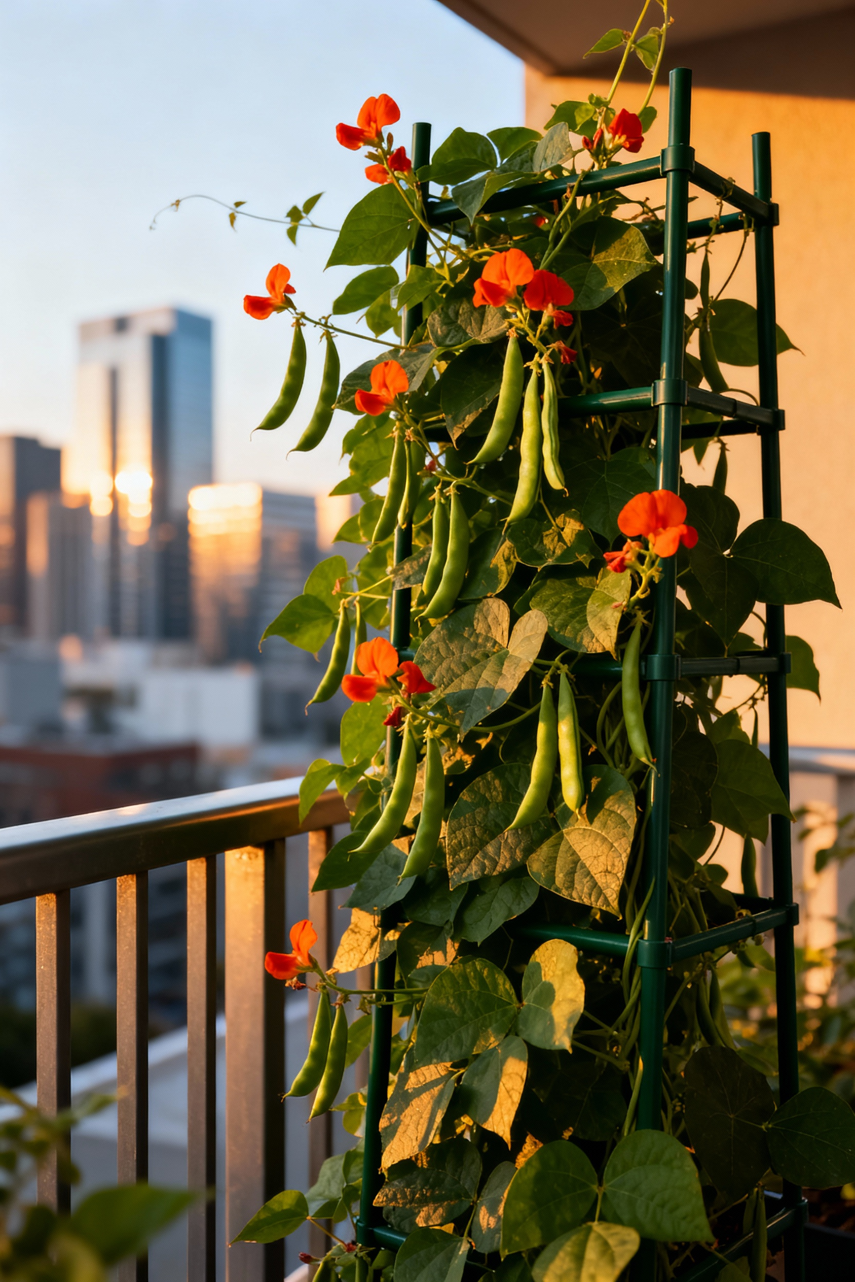 Urban balcony railing utilizing railing-mounted metal trellises completely covered in vigorous, dense Scarlet Runner Bean vines displaying lush foliage, bright red flowers, and hanging edible bean pods, creating a productive vertical garden.