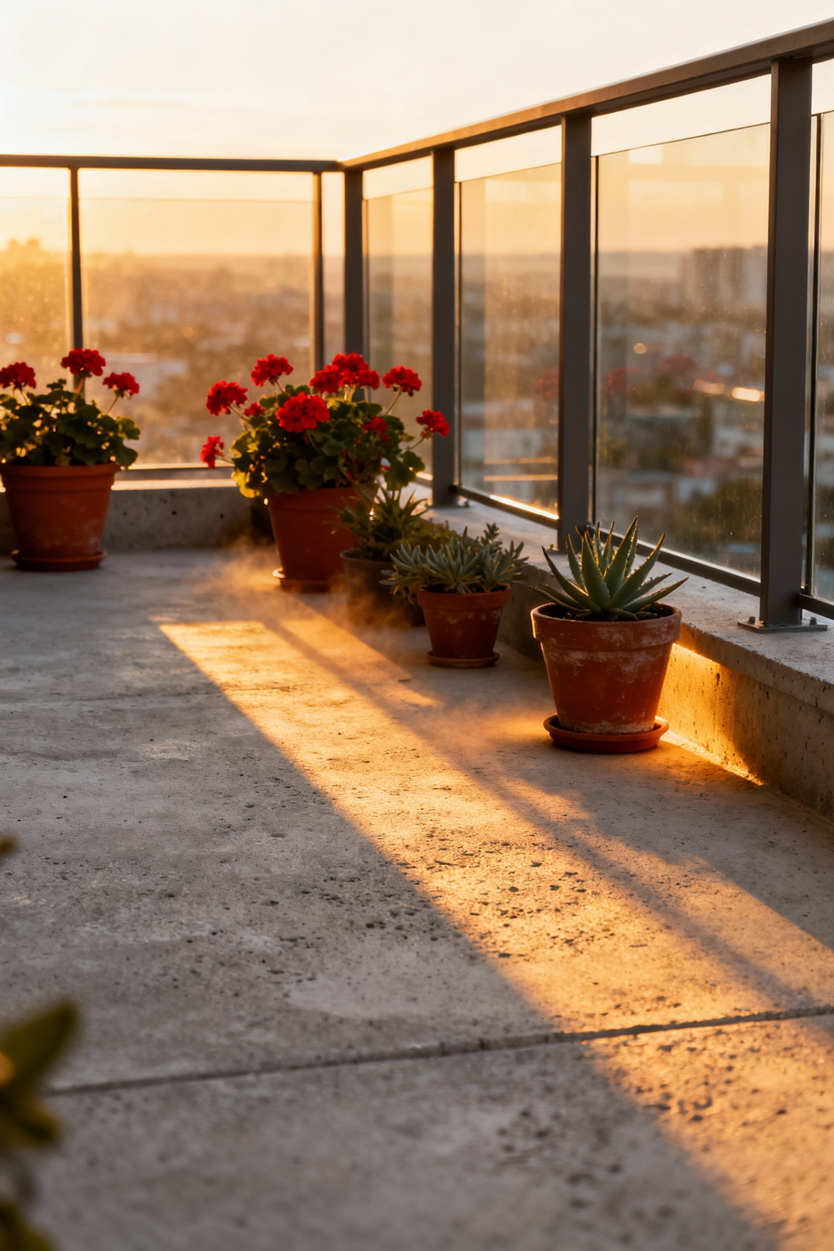 Photograph of an urban high-rise balcony at sunset showing potted plants sitting on a thick concrete floor that appears warm and retains heat, illustrating the thermal mass effect.