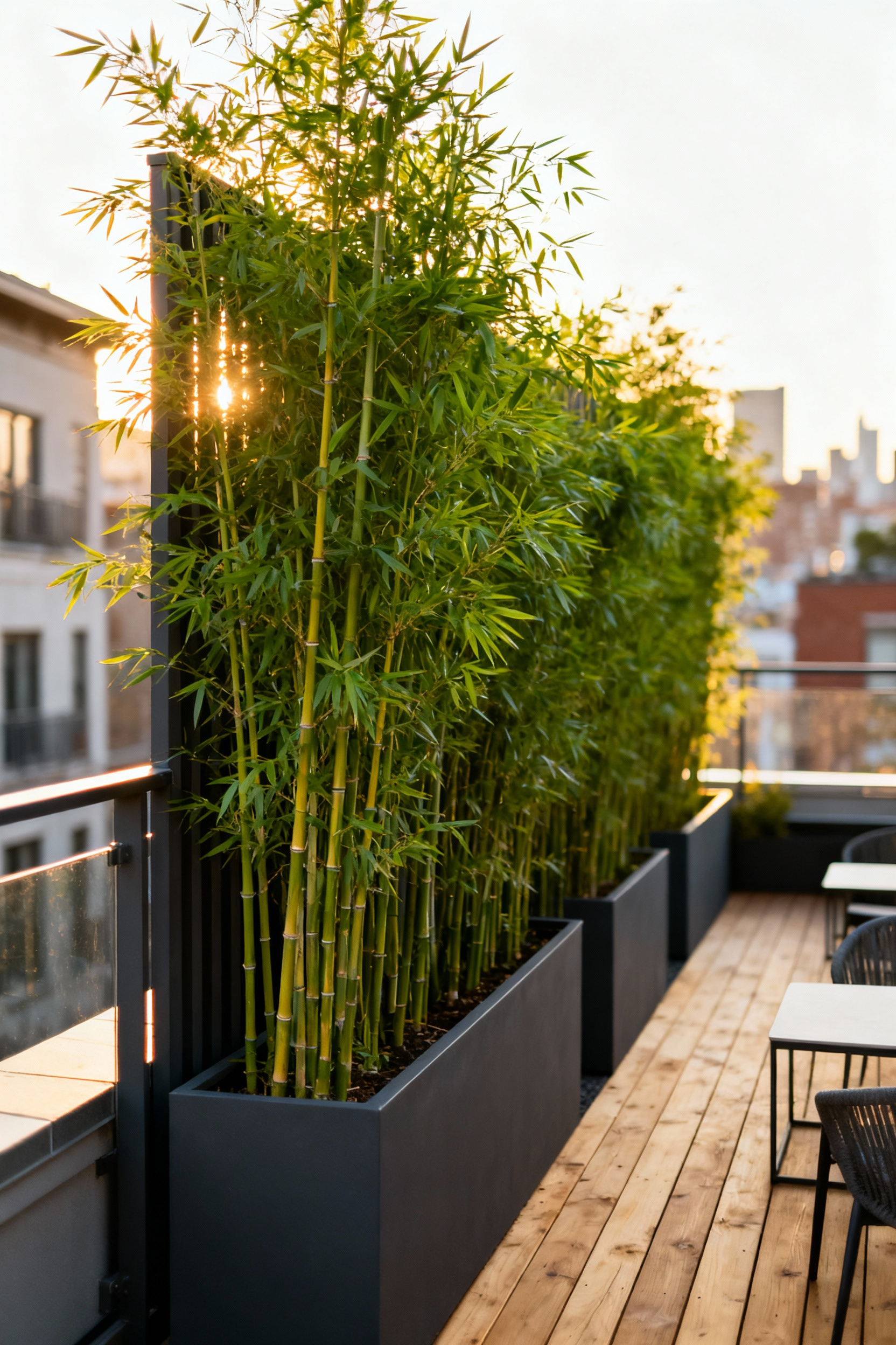 Dense clumping Fargesia bamboo planted in planters forming a natural privacy screen separating two adjacent urban apartment balconies during Golden Hour.
