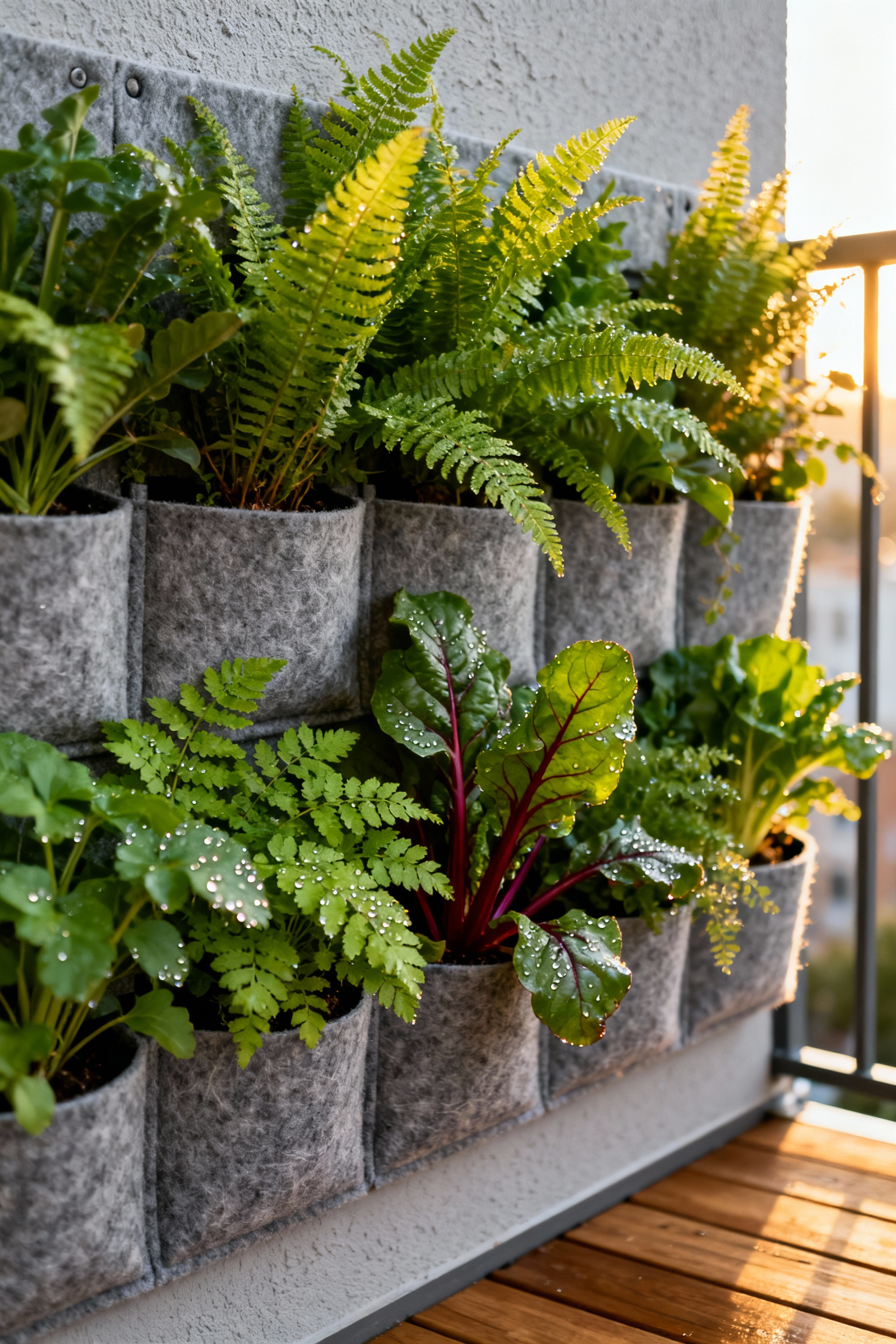 A lush, vibrant green vertical living wall made of gray felt pockets installed on a modern urban balcony, showcasing cascading ferns and leafy greens.