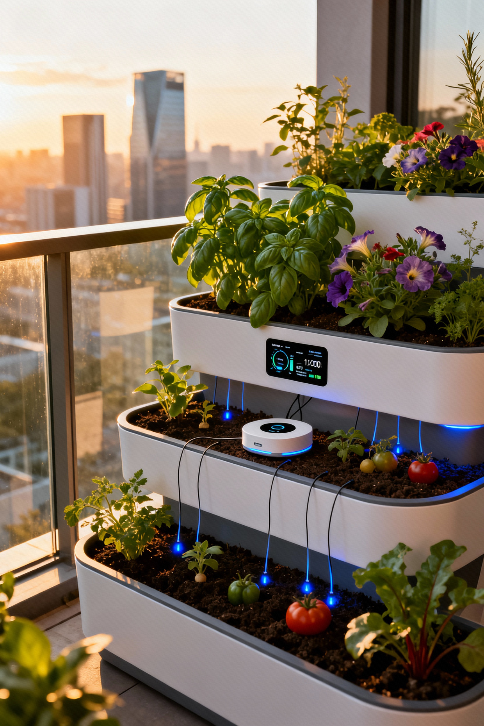A wide photograph of a modern balcony garden featuring sleek, high-tech IoT planters with visible soil sensors and digital displays, symbolizing the Internet of Plants and precision horticulture.