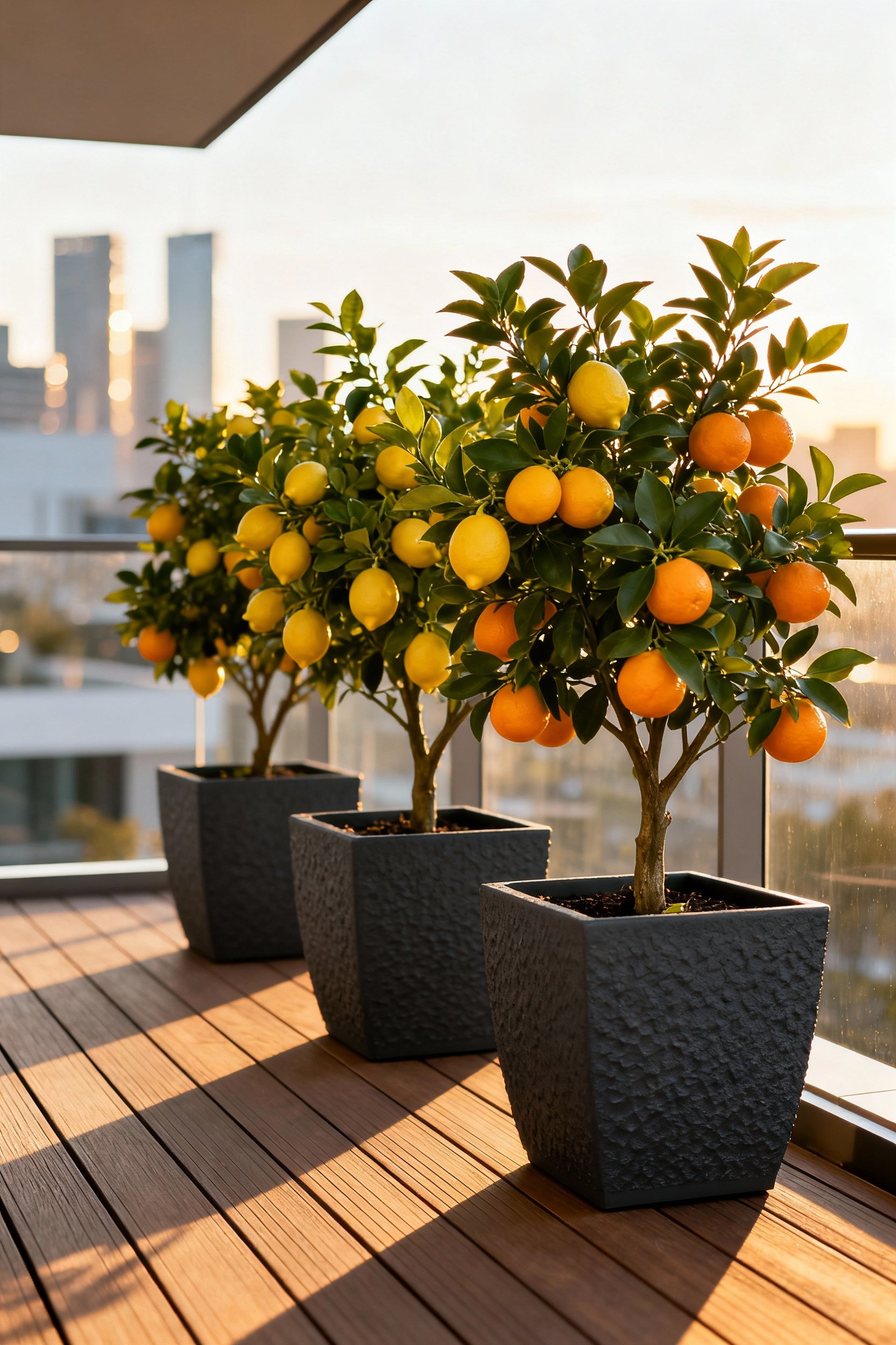 A compact urban micro-orchard featuring three dwarf citrus trees heavy with ripe lemons and mandarins in stylish containers on a sunny balcony deck.