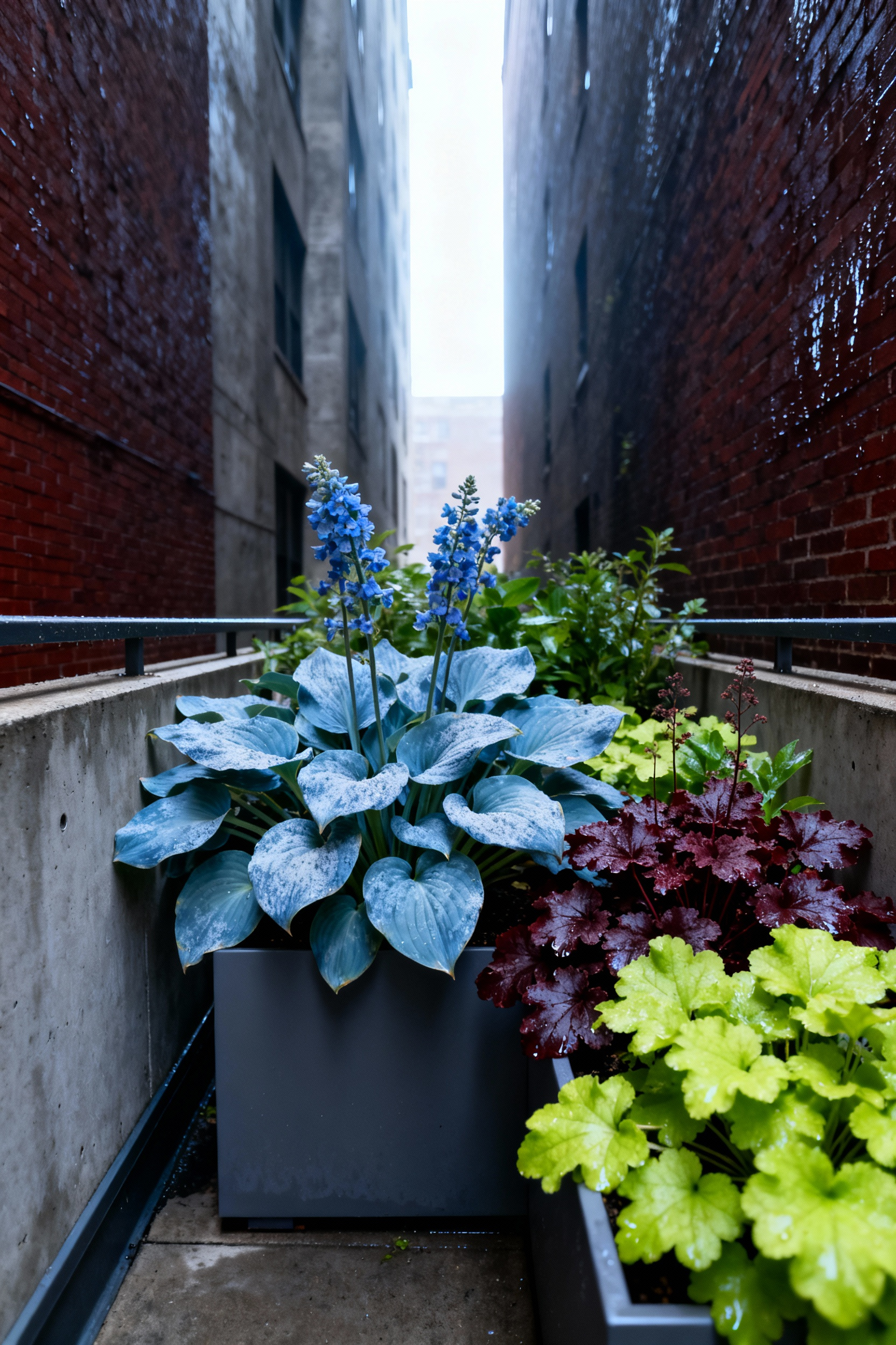 A serene urban balcony garden featuring vibrant blue Hostas and colorful Heucheras thriving in the deep, diffused shade of a north-facing brick canyon.