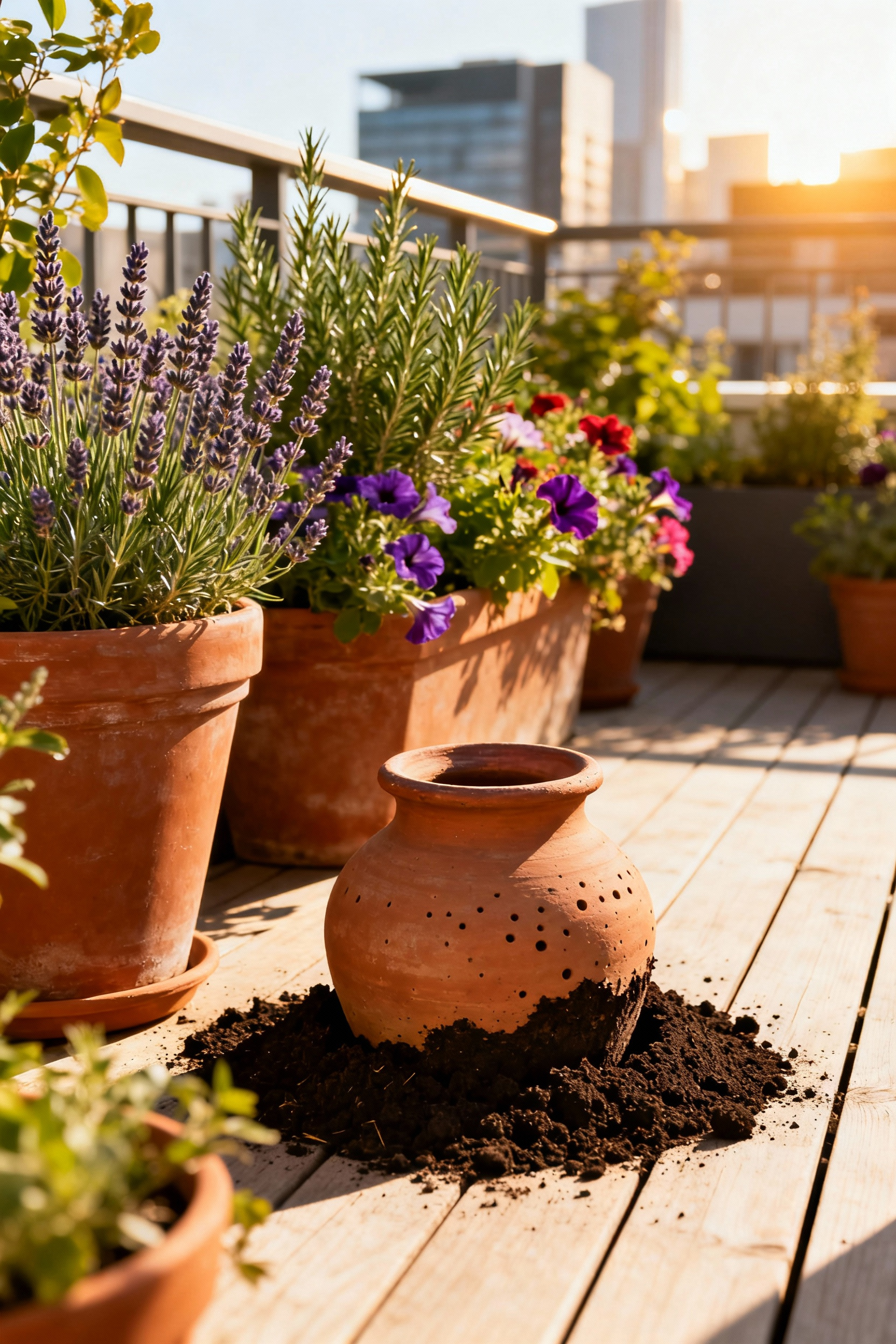 A high-quality photo of a DIY olla irrigation system installed in a large terracotta planter on a modern urban balcony, demonstrating drought resistance for container plants.