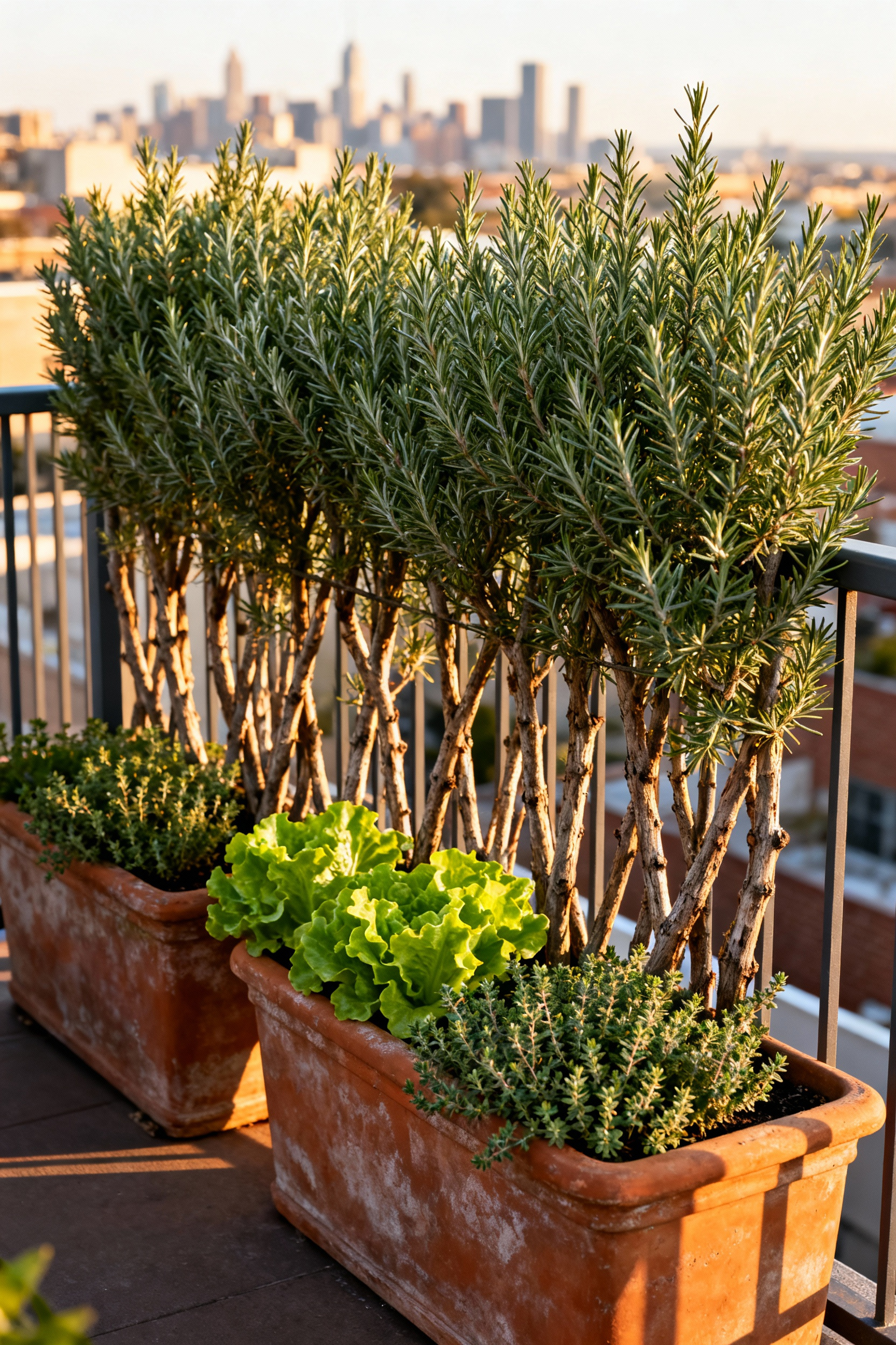 Photograph of robust, woody Rosemary plants used as a structural windbreak shielding delicate bright green lettuce on a sunlit urban balcony.