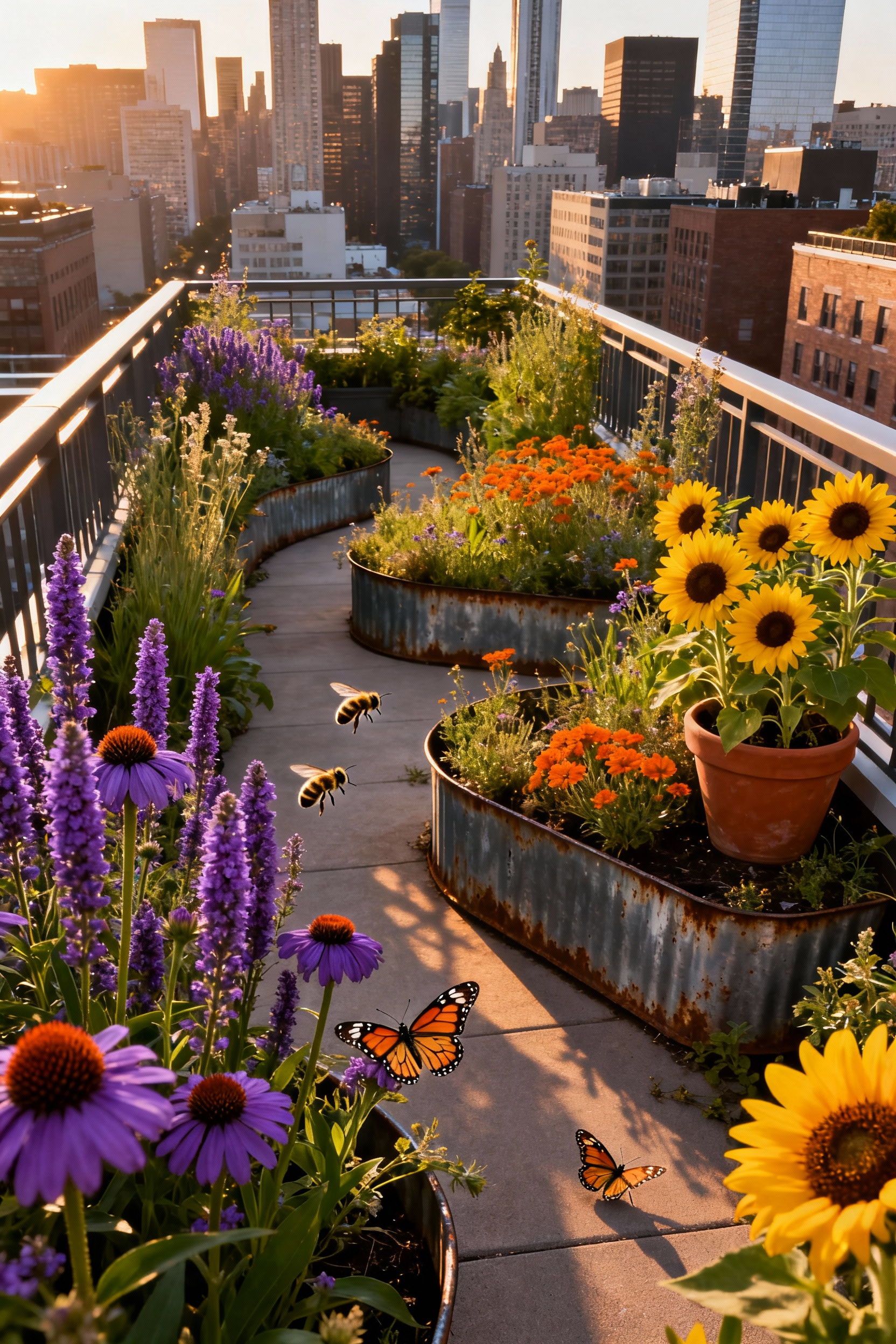 A high-rise urban balcony densely planted with native wildflowers like coneflowers and asters, designed as an ecological pollinator pathway overlooking a sprawling cityscape during golden hour.