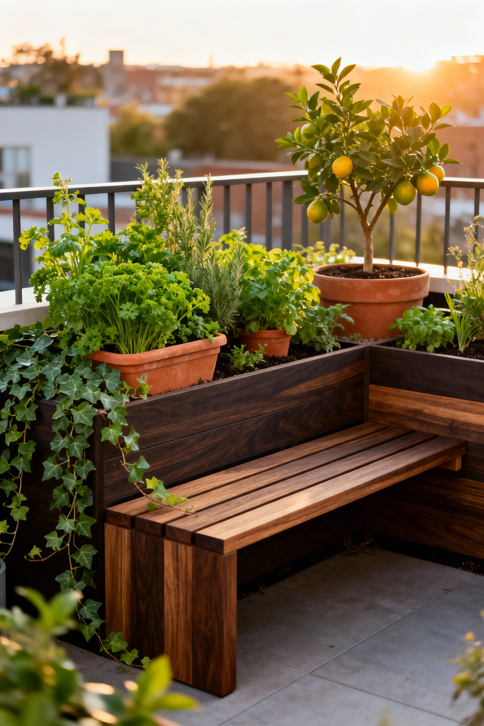 Stylish wooden vermicomposting bench acting as seating on an urban balcony, integrated among lush balcony plants in large terracotta containers, illustrating zero-waste soil health management.