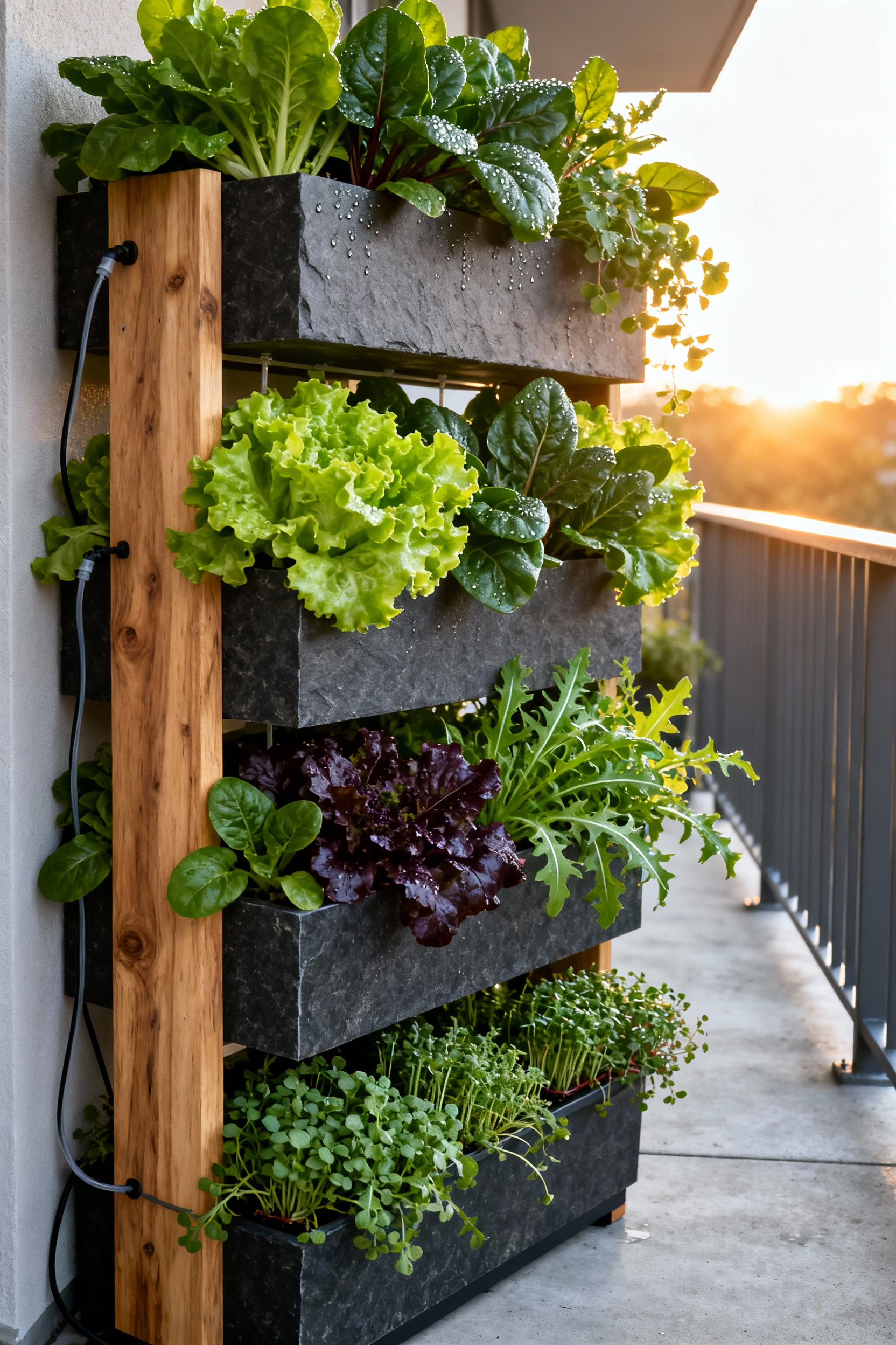 A tiered, vertical garden system on an urban balcony used for growing cut-and-come-again salad greens and herbs, showcasing dense, layered foliage under warm golden hour light.