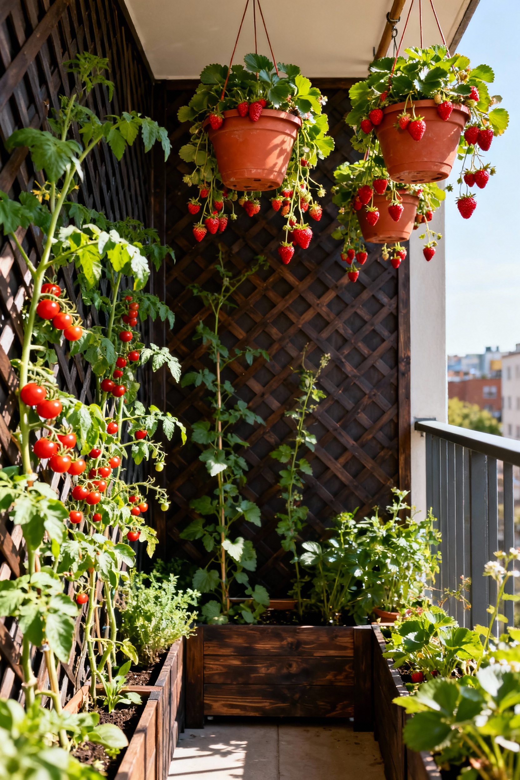 A highly productive balcony garden utilizing vertical space with wall-mounted wooden trellises growing climbing tomatoes and hanging baskets filled with trailing strawberry plants.