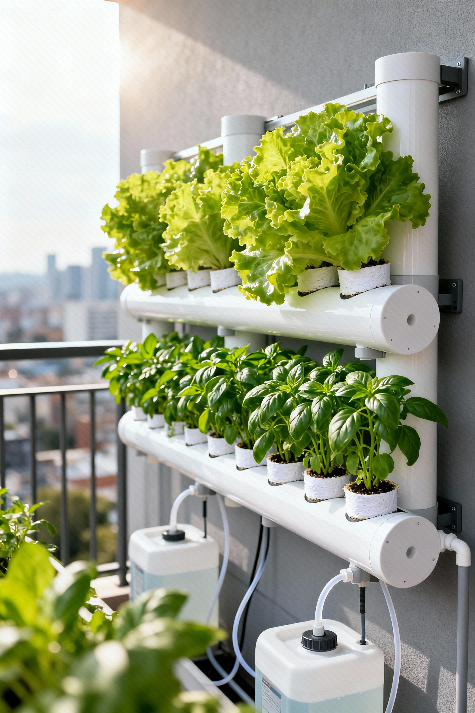 A photograph showing a clean, modern urban balcony transformed into a vertical hydroponic micro-farm using closed-loop systems for growing leafy greens and herbs.