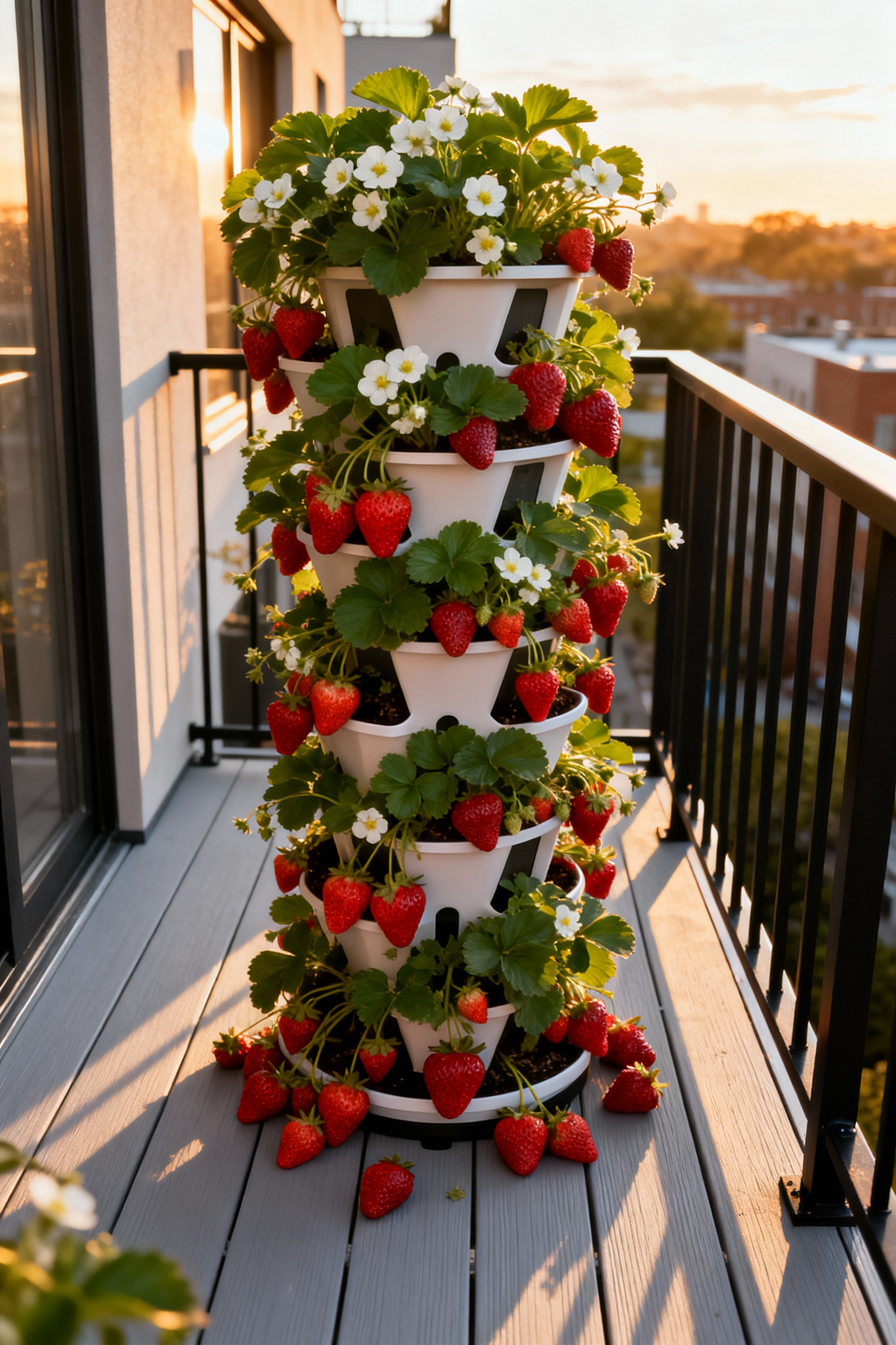 A photograph of a densely packed vertical strawberry tower situated on a small urban balcony, demonstrating maximum yield high-density planting.