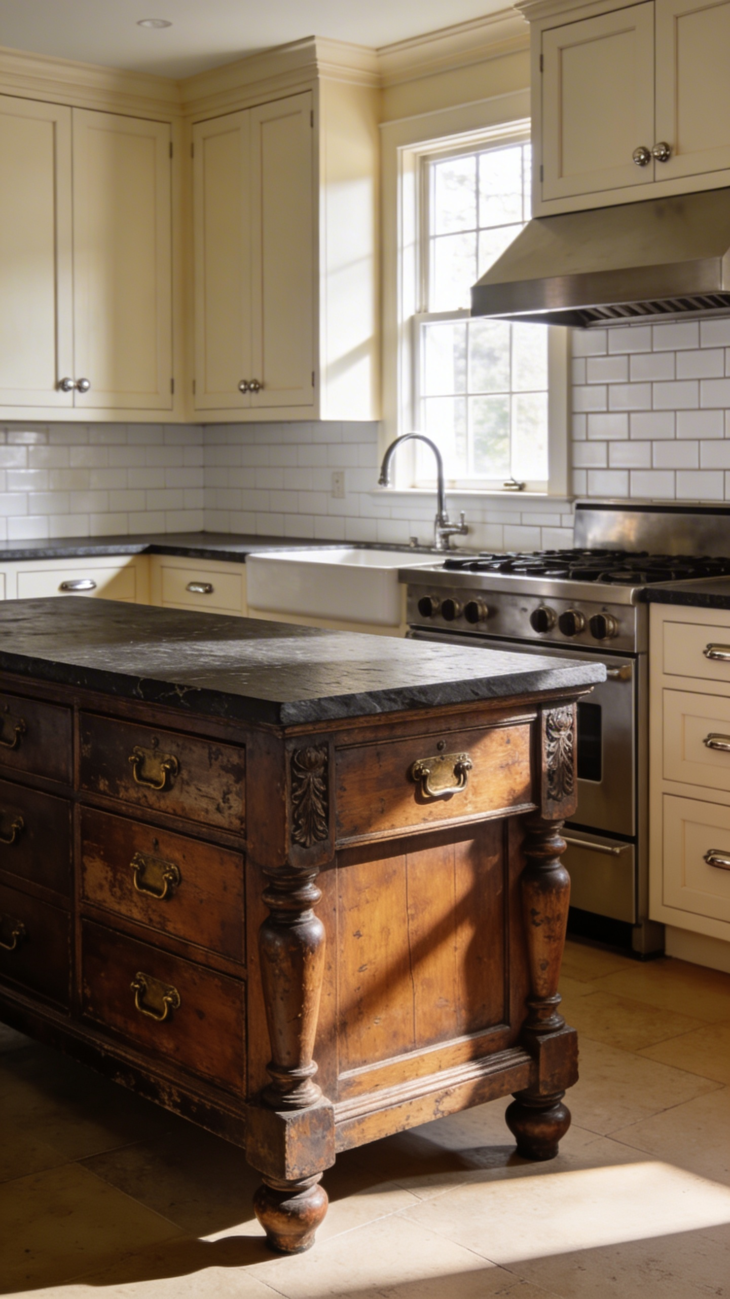 A traditional unfitted kitchen featuring a central furniture island made of antique dark walnut wood, which stands distinct from the surrounding light cream fitted cabinetry and dark soapstone countertop.