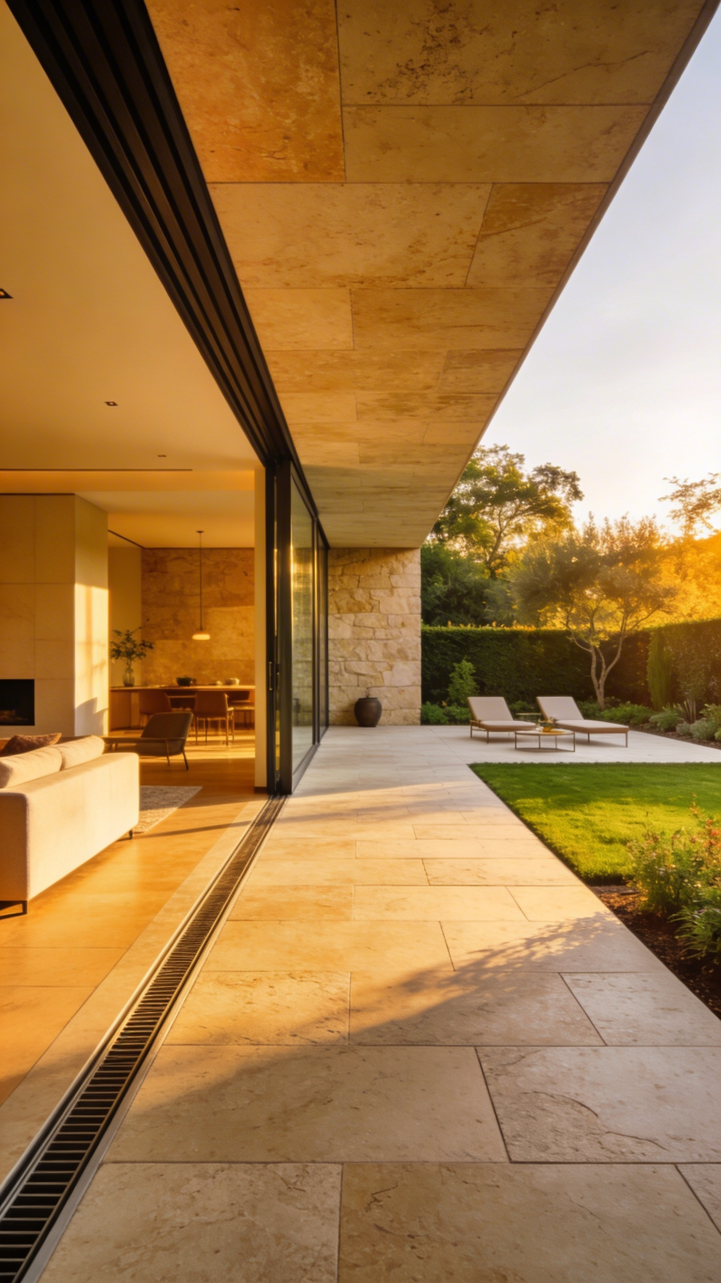 A modern luxury home showcasing a seamless indoor-outdoor living space with a flush threshold and matching stone flooring.