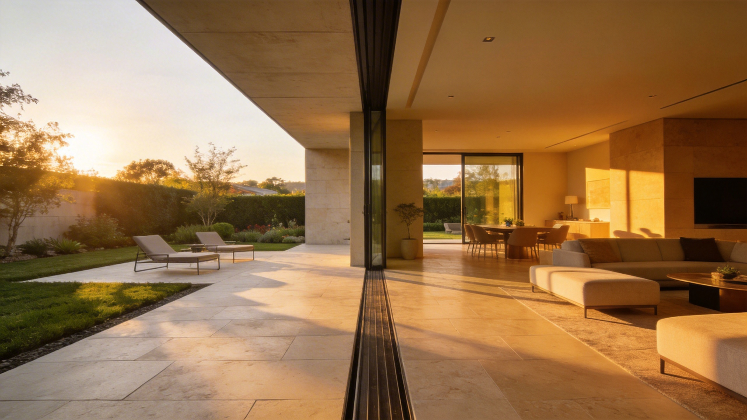 A modern luxury home showcasing a seamless indoor-outdoor living space with a flush threshold and matching stone flooring.