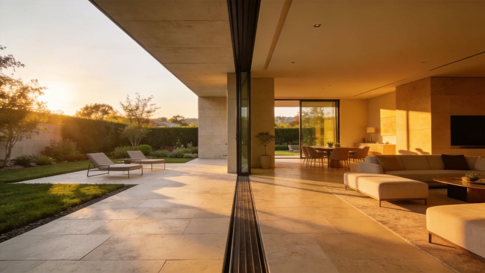 A modern luxury home showcasing a seamless indoor-outdoor living space with a flush threshold and matching stone flooring.