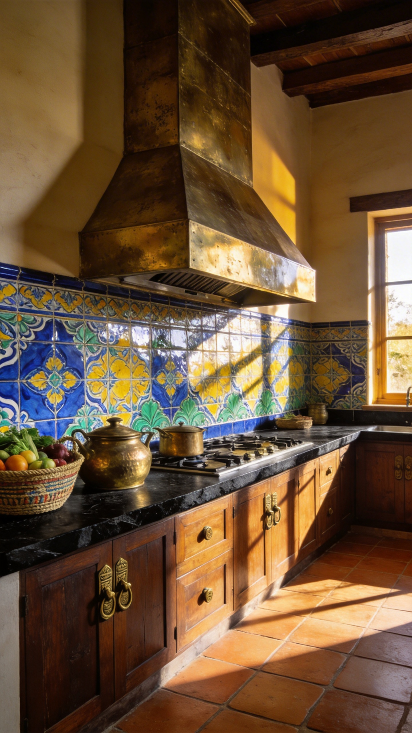 Wide shot of a traditional kitchen featuring Spanish terracotta floor tiles, dark artisanal wood cabinets, and a vibrant backsplash of hand-painted blue and yellow Talavera tiles, accented with Indian brass cookware and warm natural lighting.