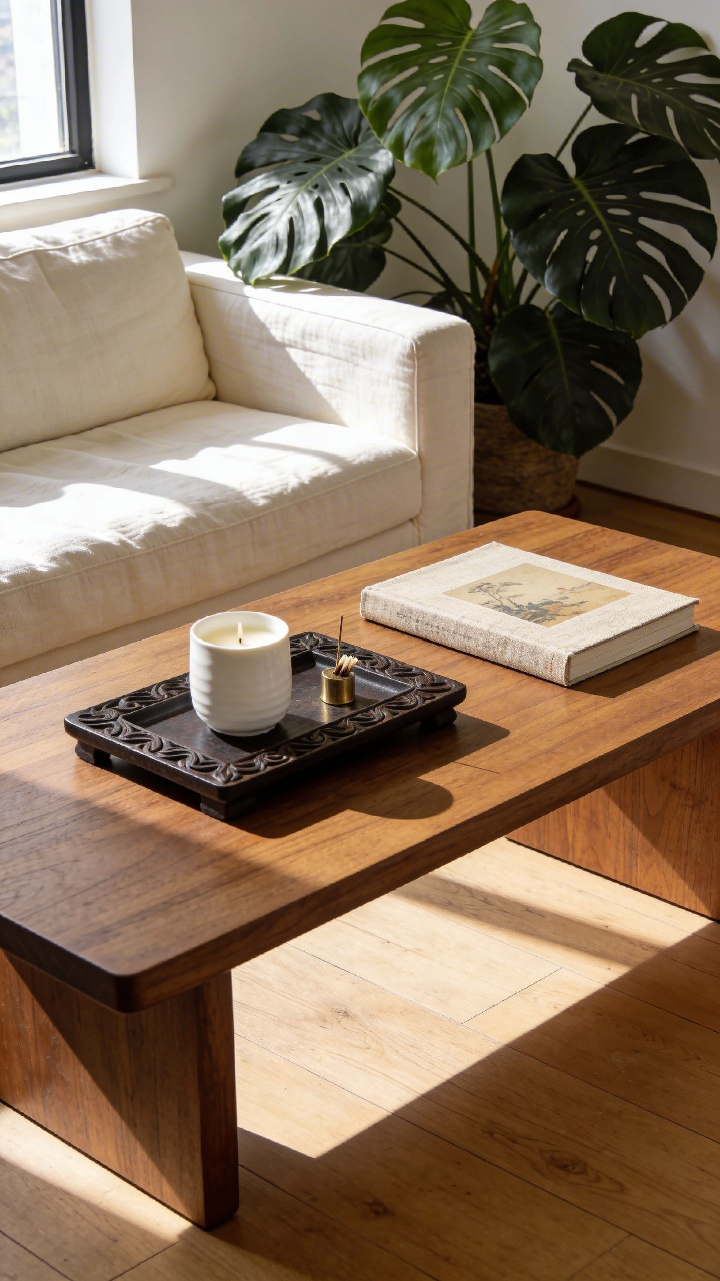 An organized coffee table in a bright living room featuring an artisanal wooden tray used to group decorative objects into a tidy vignette.