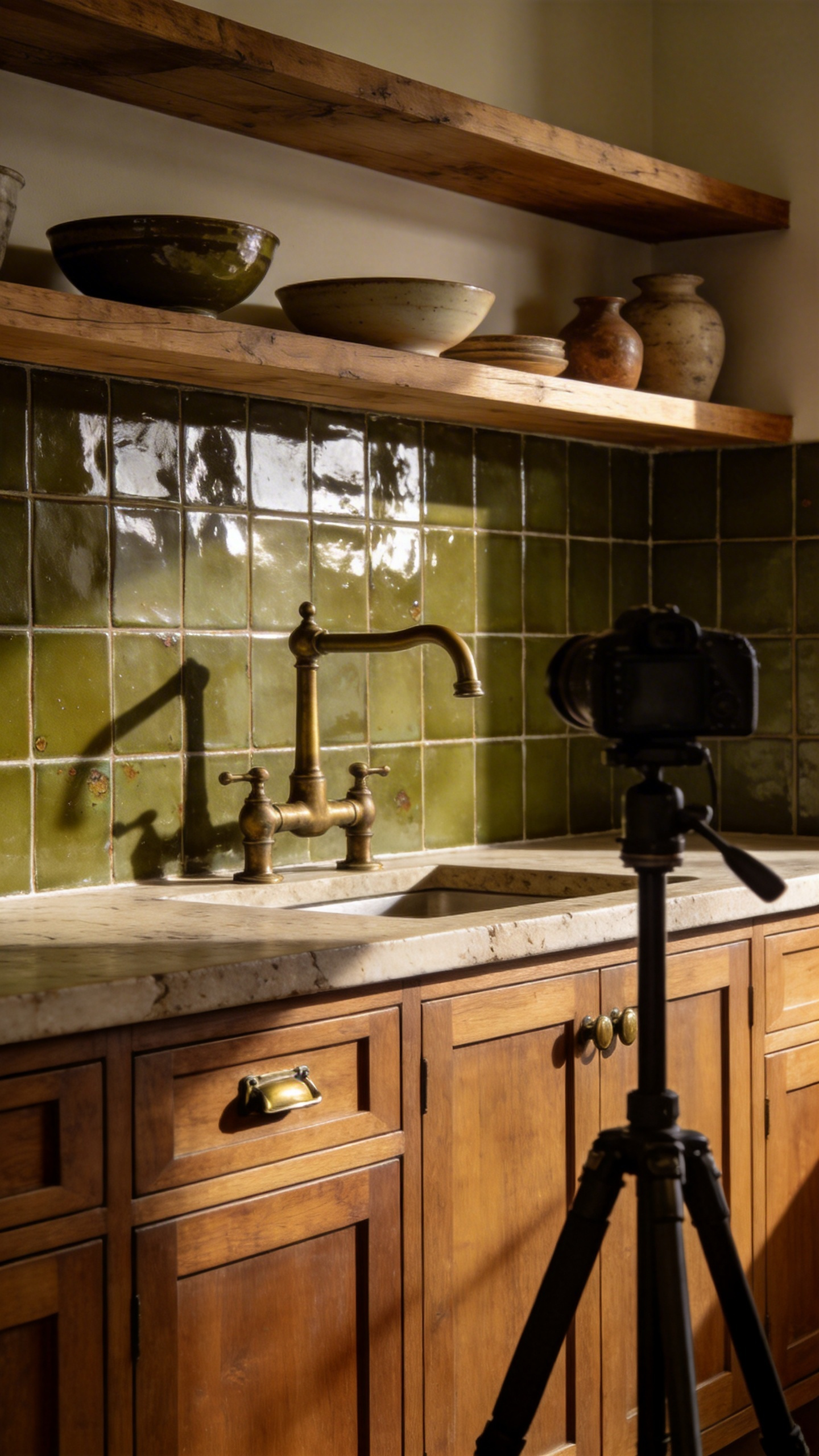 A traditional kitchen featuring a wall-to-wall backsplash of dark green Zellige tiles, contrasted with warm walnut cabinets and aged brass hardware.