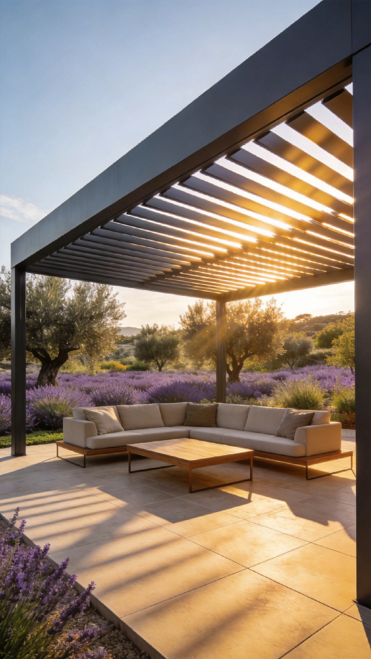 A modern luxury patio featuring an adjustable aluminum louvered pergola system with tilted slats for heat management and airflow.