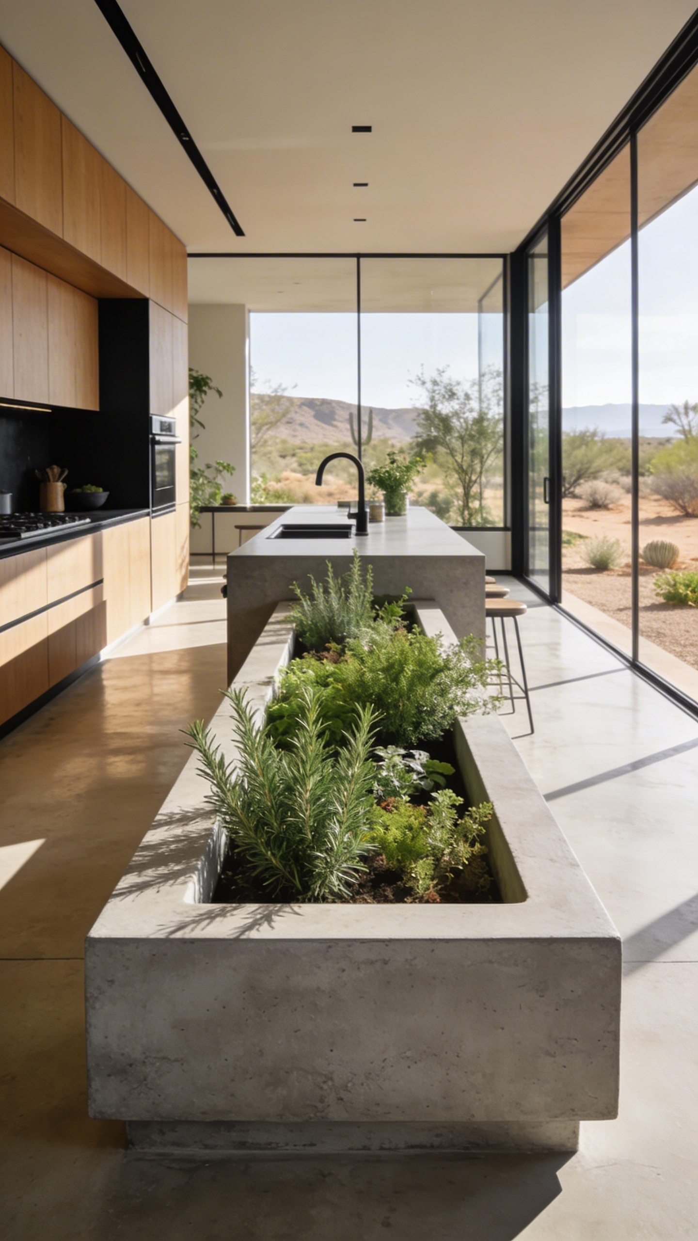 A modern kitchen island with a built-in herb garden trough featuring rosemary in a bright desert-modern setting.