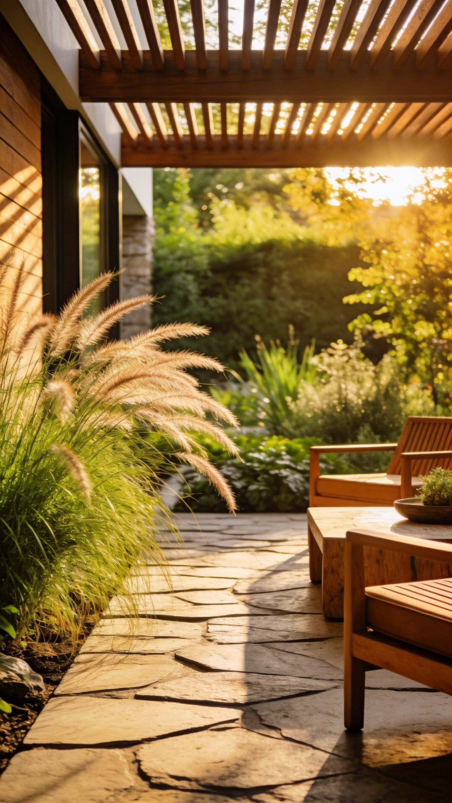 A modern patio layout featuring swaying Mexican Feather Grass and biophilic design elements under soft afternoon sunlight.