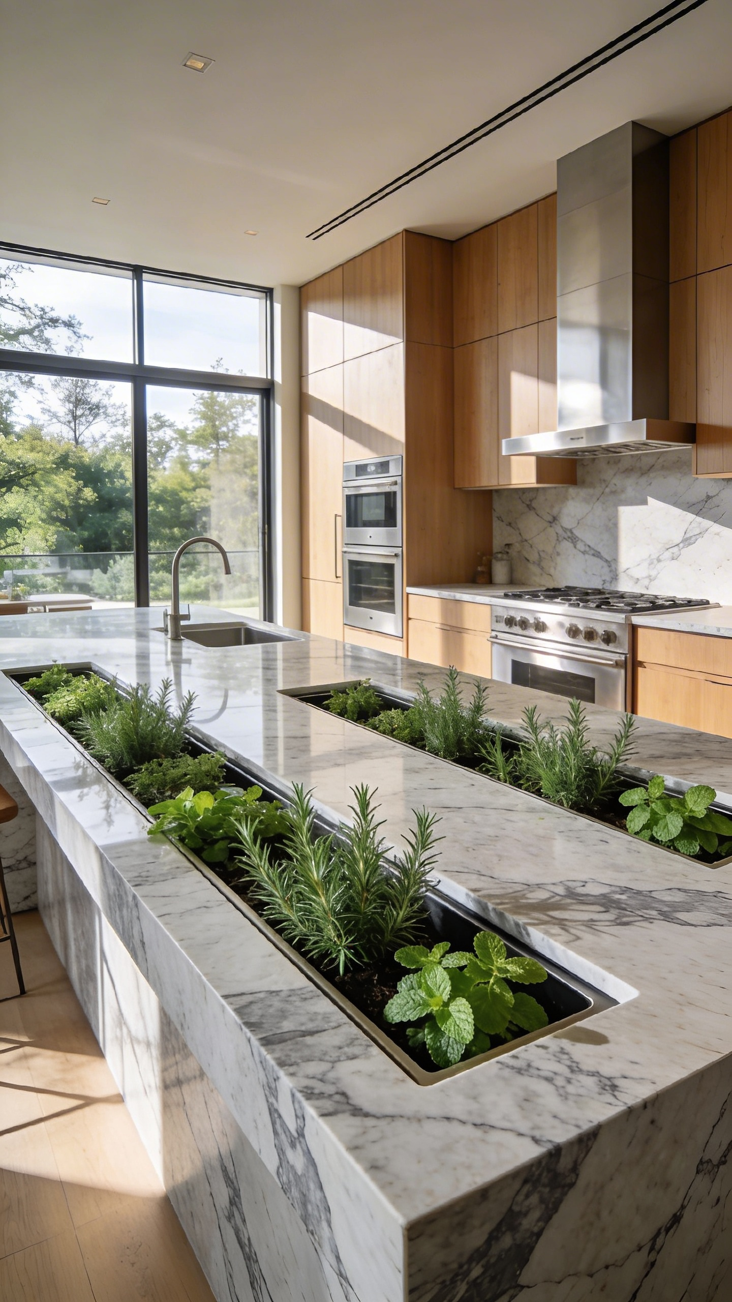 A modern luxury kitchen featuring a large quartzite island with integrated living herb planters built into the stone.