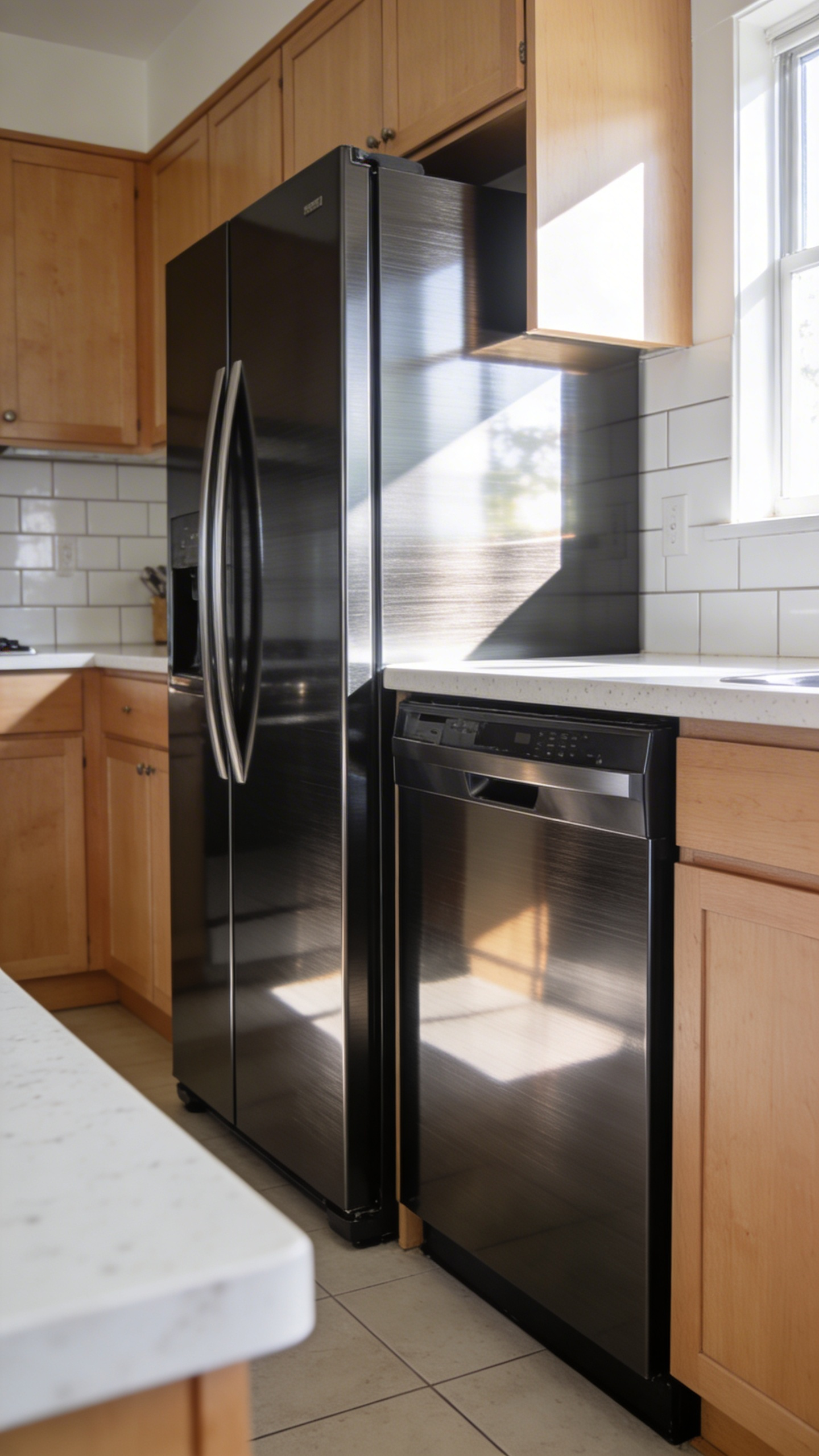 A modern kitchen interior showcasing a refrigerator and dishwasher updated with a professional metallic vinyl wrap to mimic stainless steel.