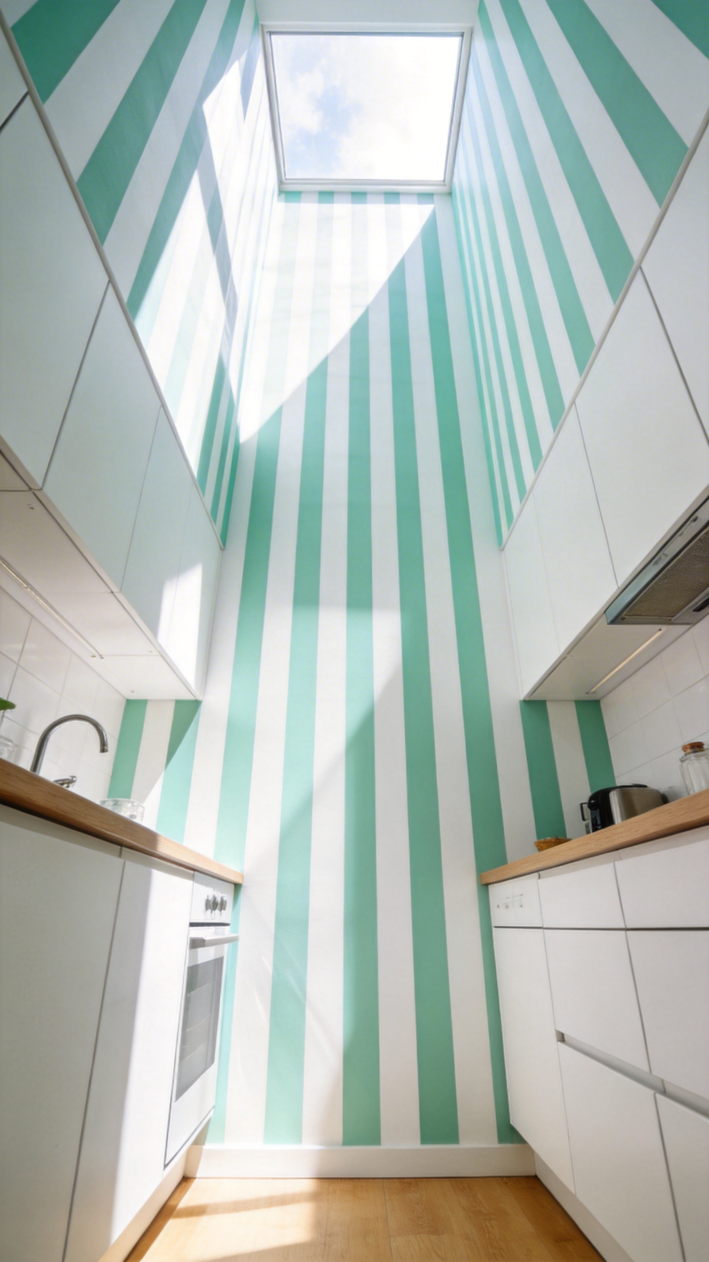 A compact kitchenette featuring vertical striped wallpaper that creates an optical illusion of a higher ceiling.