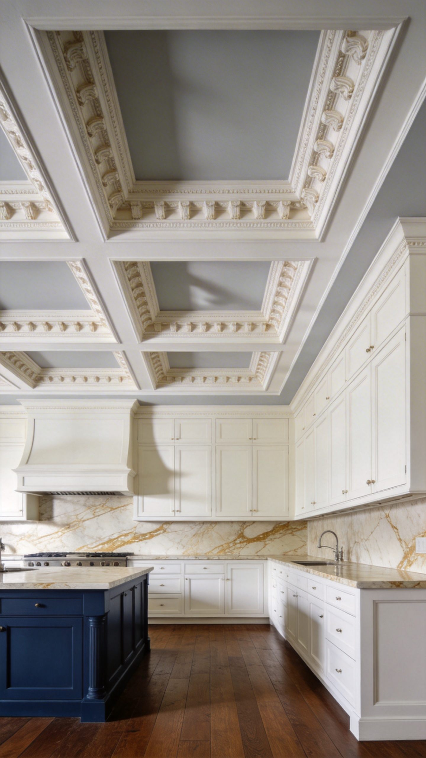 Stately traditional kitchen featuring complex, layered crown molding and cornice details built into tall, creamy white inset cabinetry, emphasizing classical architectural proportions.