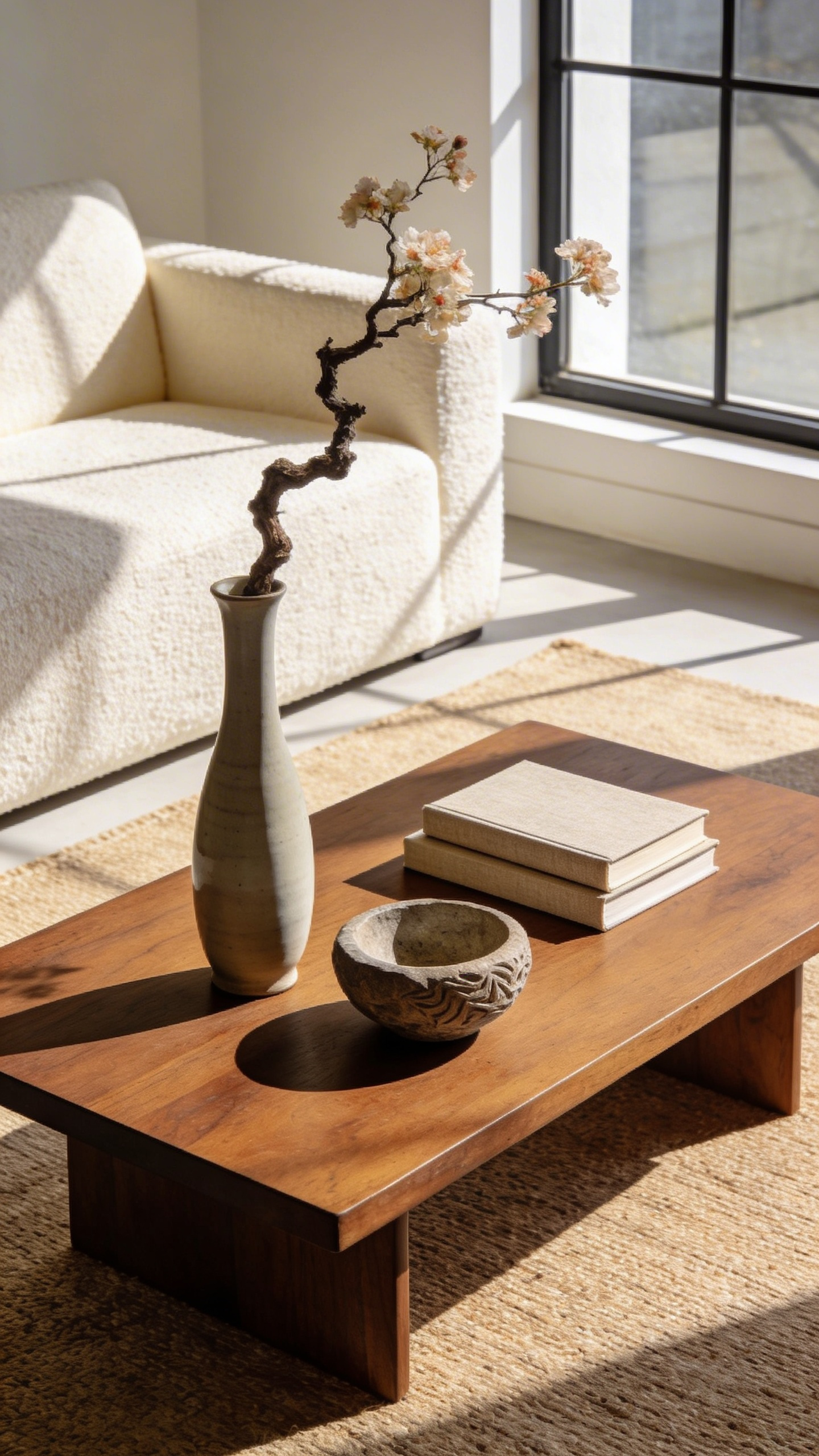 A modern living room coffee table styled with three asymmetrical decorative objects including a tall vase with a branch, a stack of books, and a stone bowl.