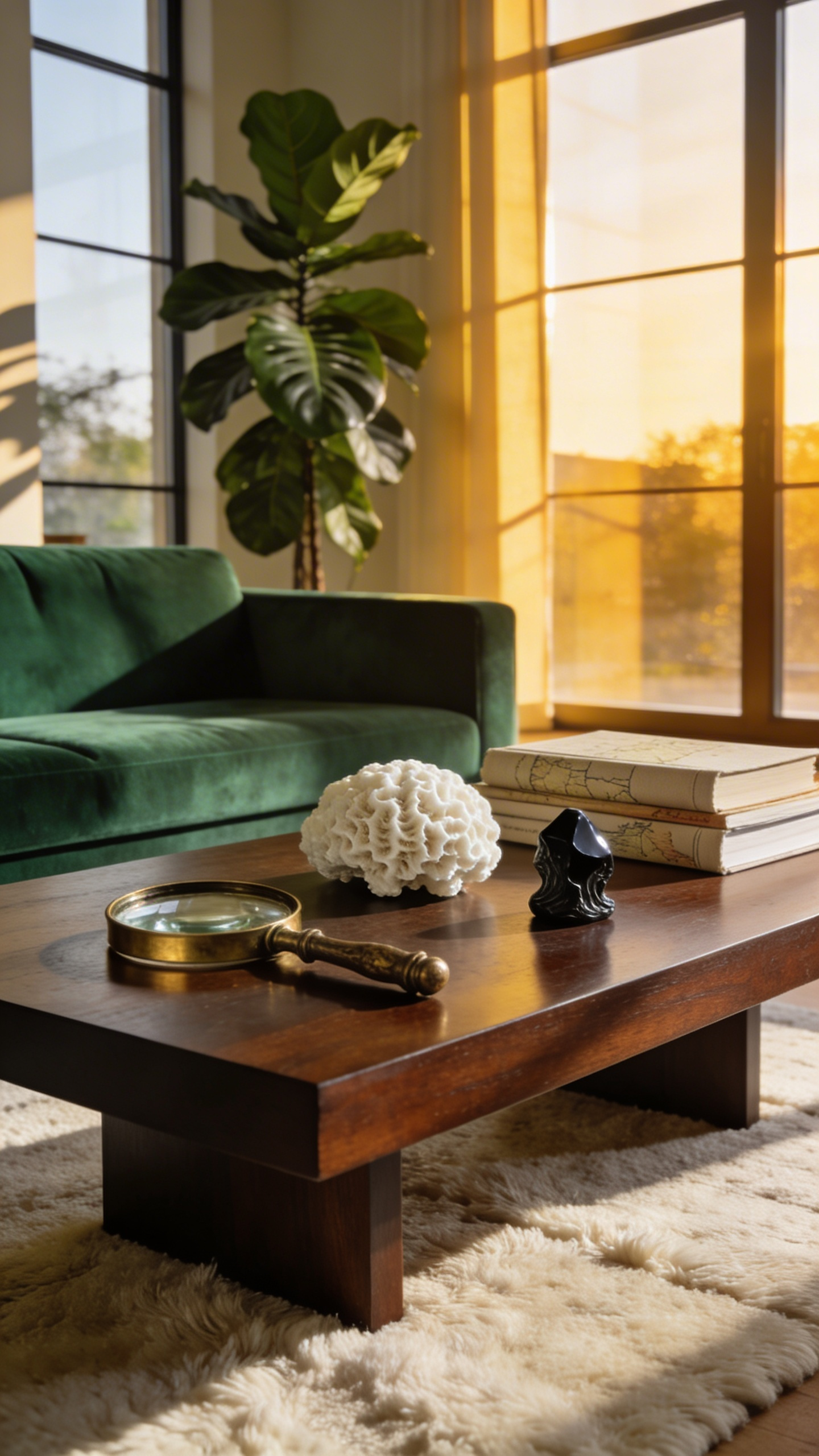 A wide-angle view of a wooden coffee table decorated with unique travel curiosities and vintage objects in a sunlit modern living room.