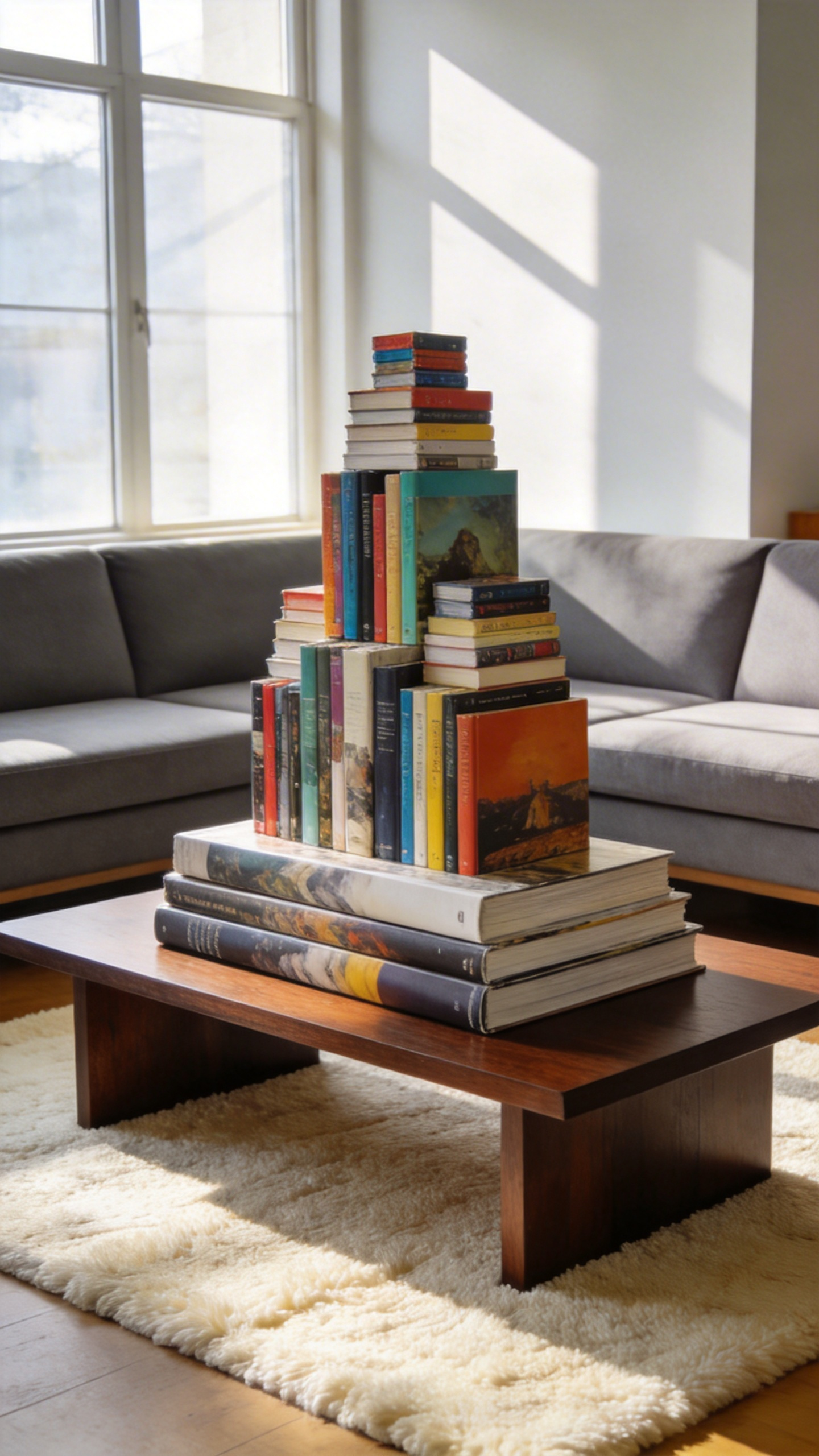 A modern living room featuring a low coffee table styled with tall vertical stacks of art books arranged in a pyramid shape.