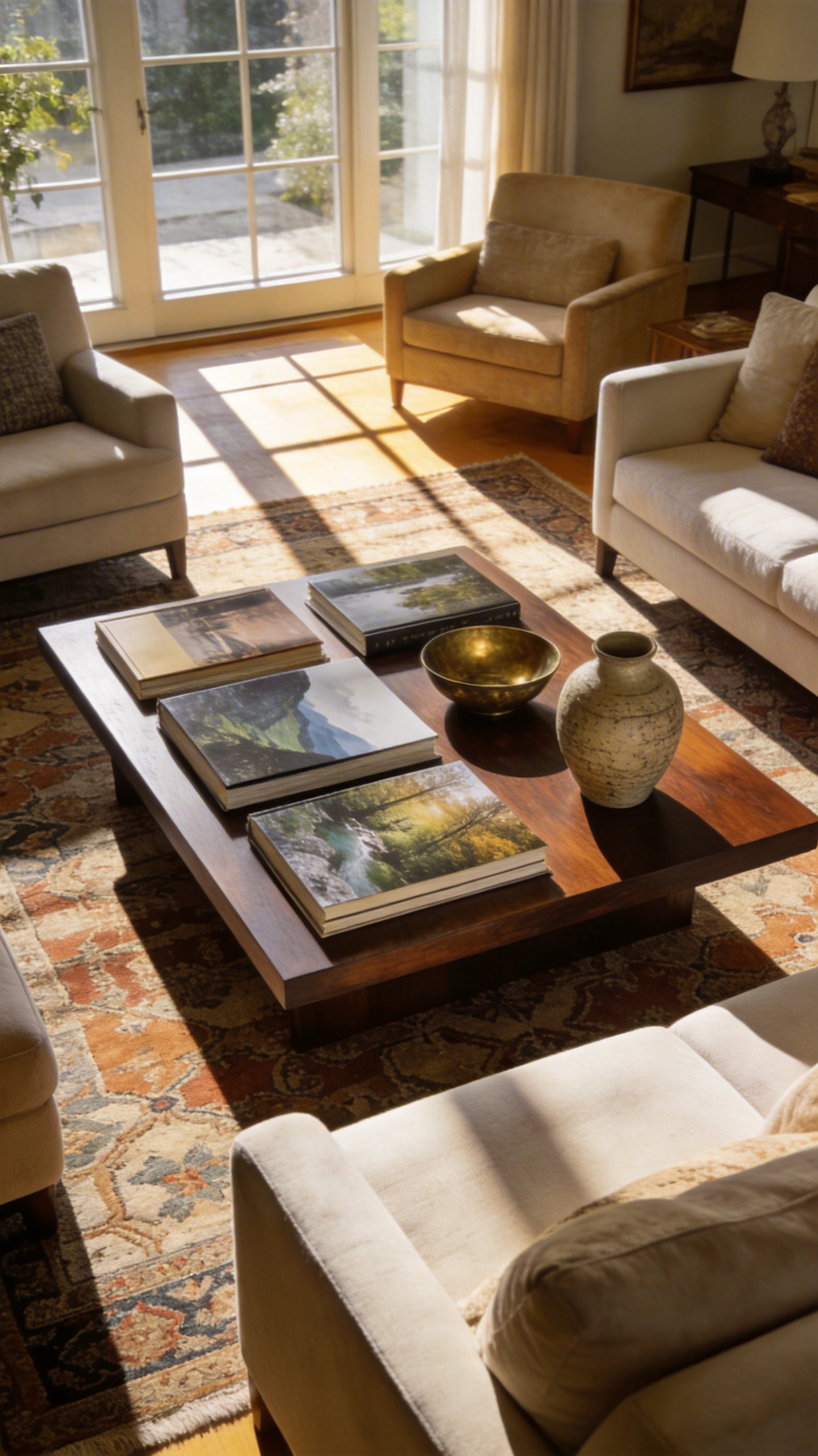 A wide shot of a low wooden coffee table decorated with large art books and vintage accents in a bright, modern living room.